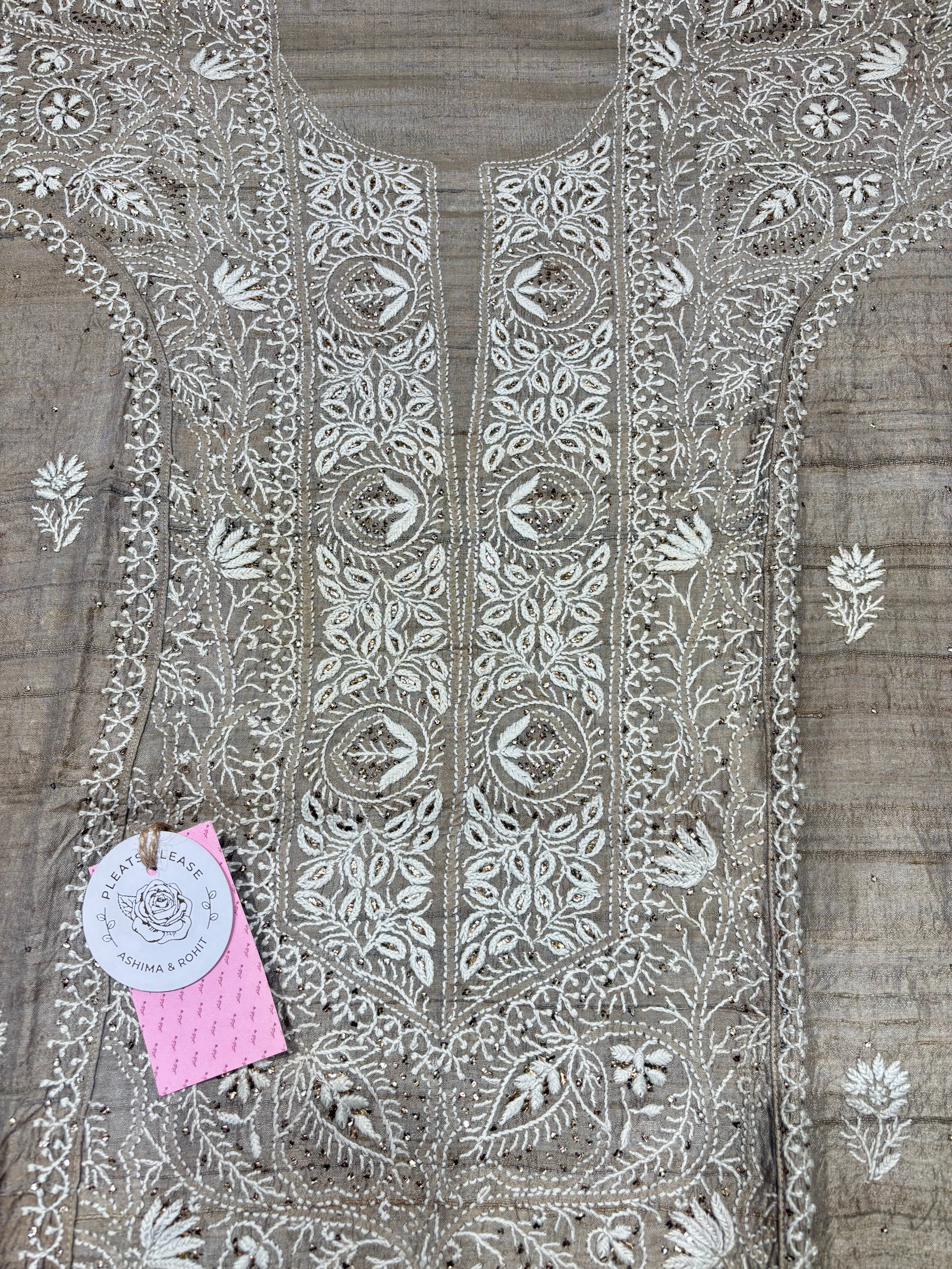 Charcoal Gray Pure & Premium Tussar Silk Chikankari & Mukaish Kurta & Dupatta Set