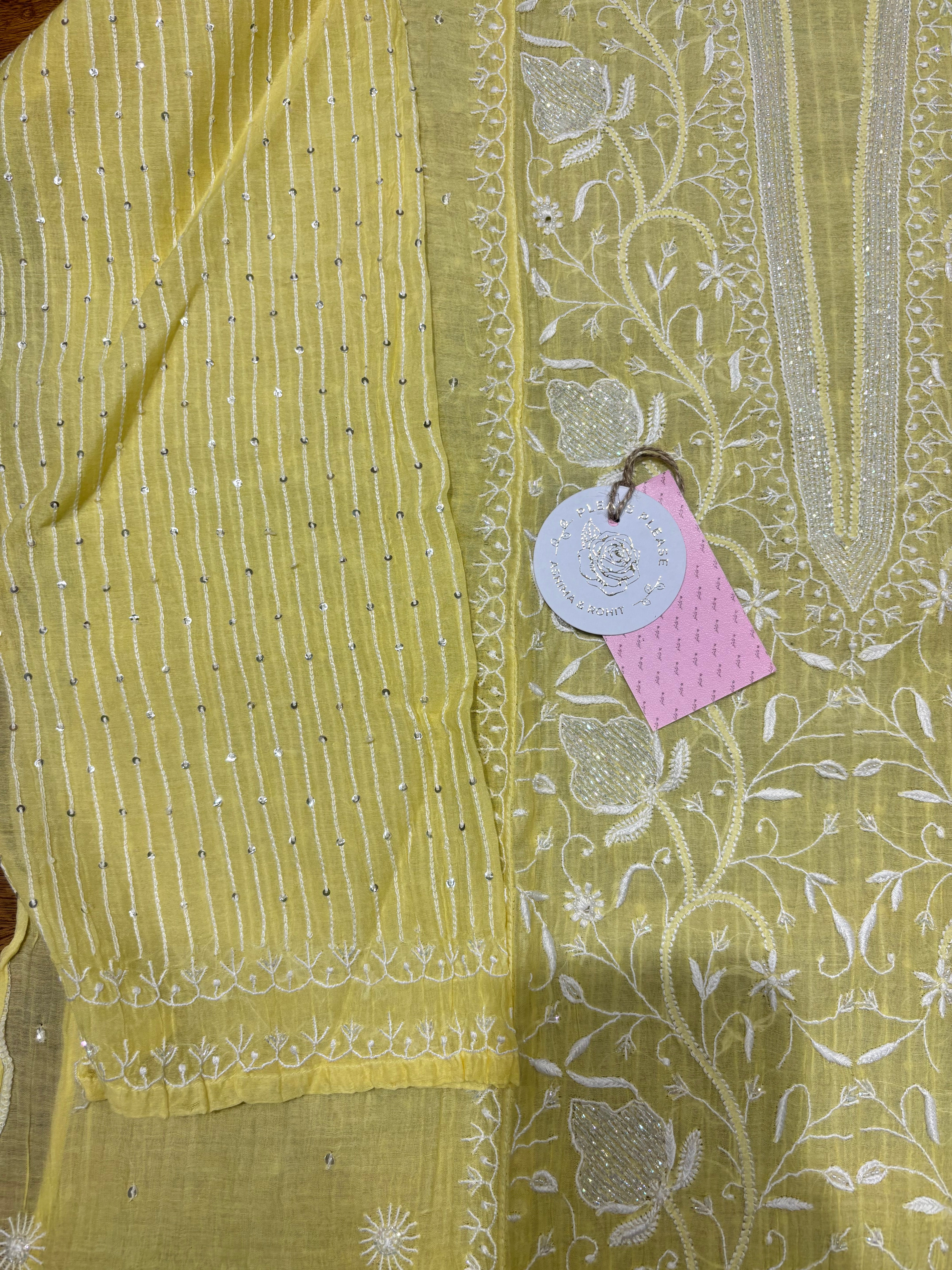 Yellow Chanderi Mul Chikankari Kurta & Dupatta Set