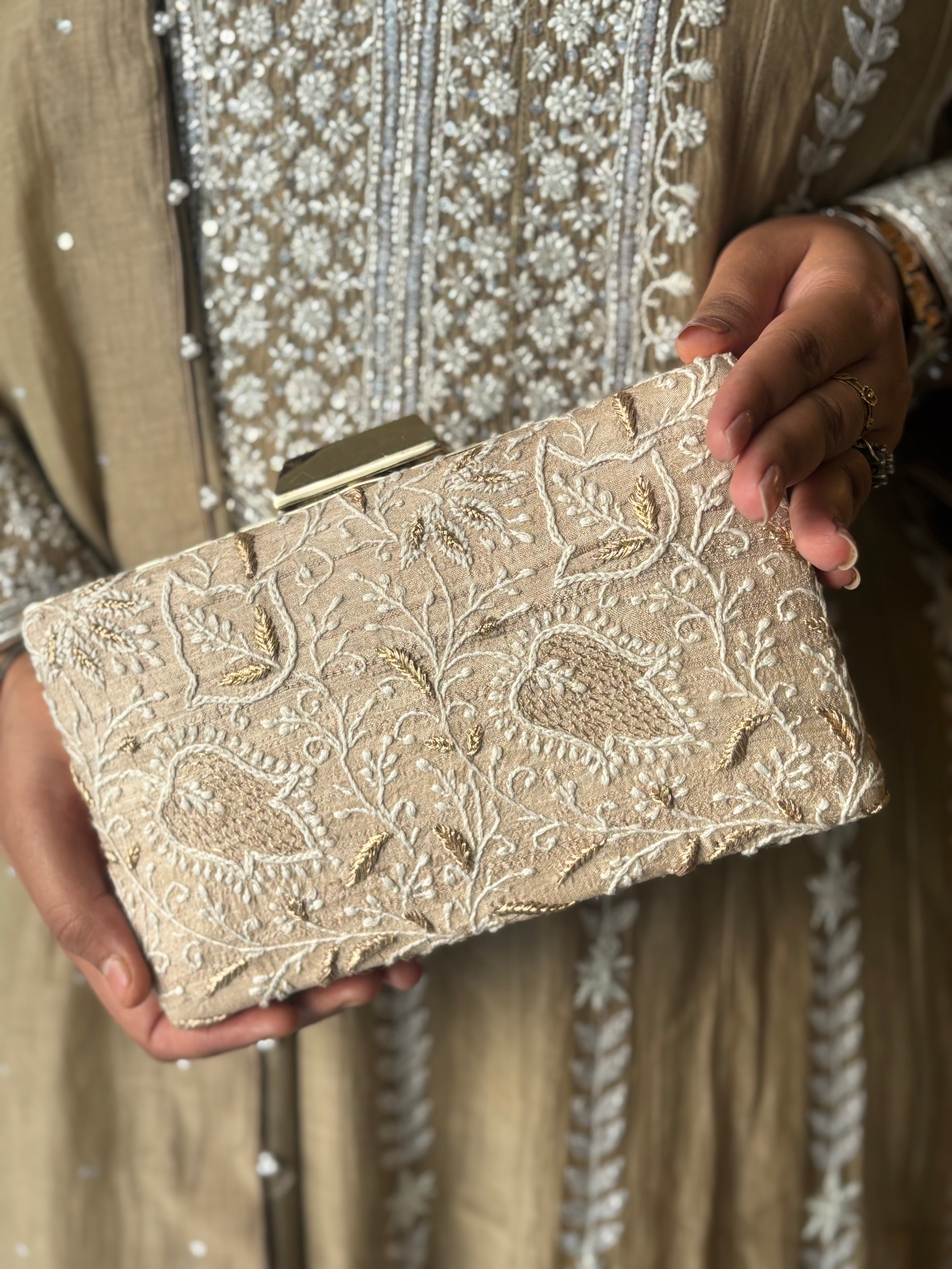 Beige Silk Chikankari Clutch