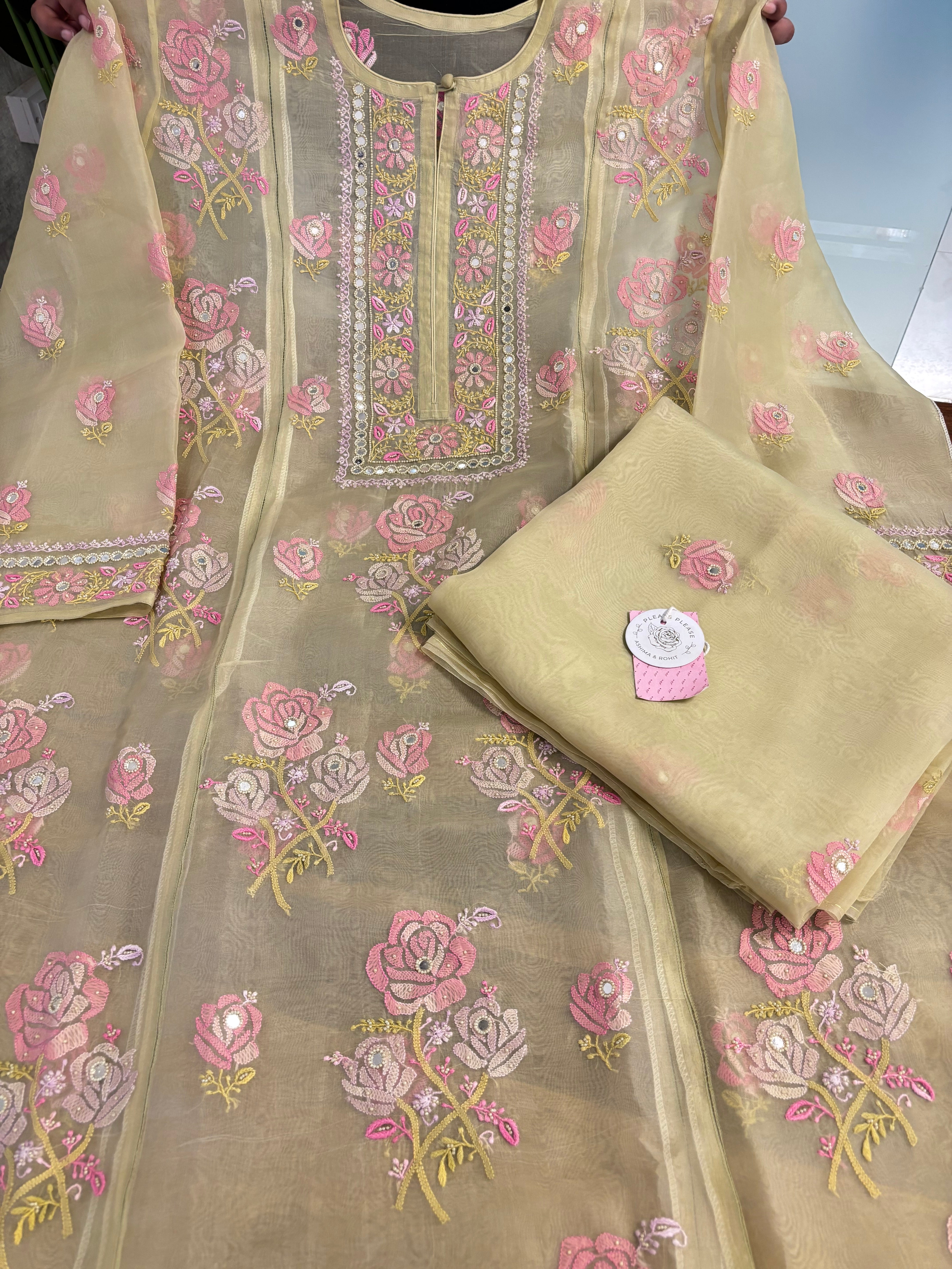 Champagne Gold Pure Organza Silk Chikankari Kurta & Dupatta