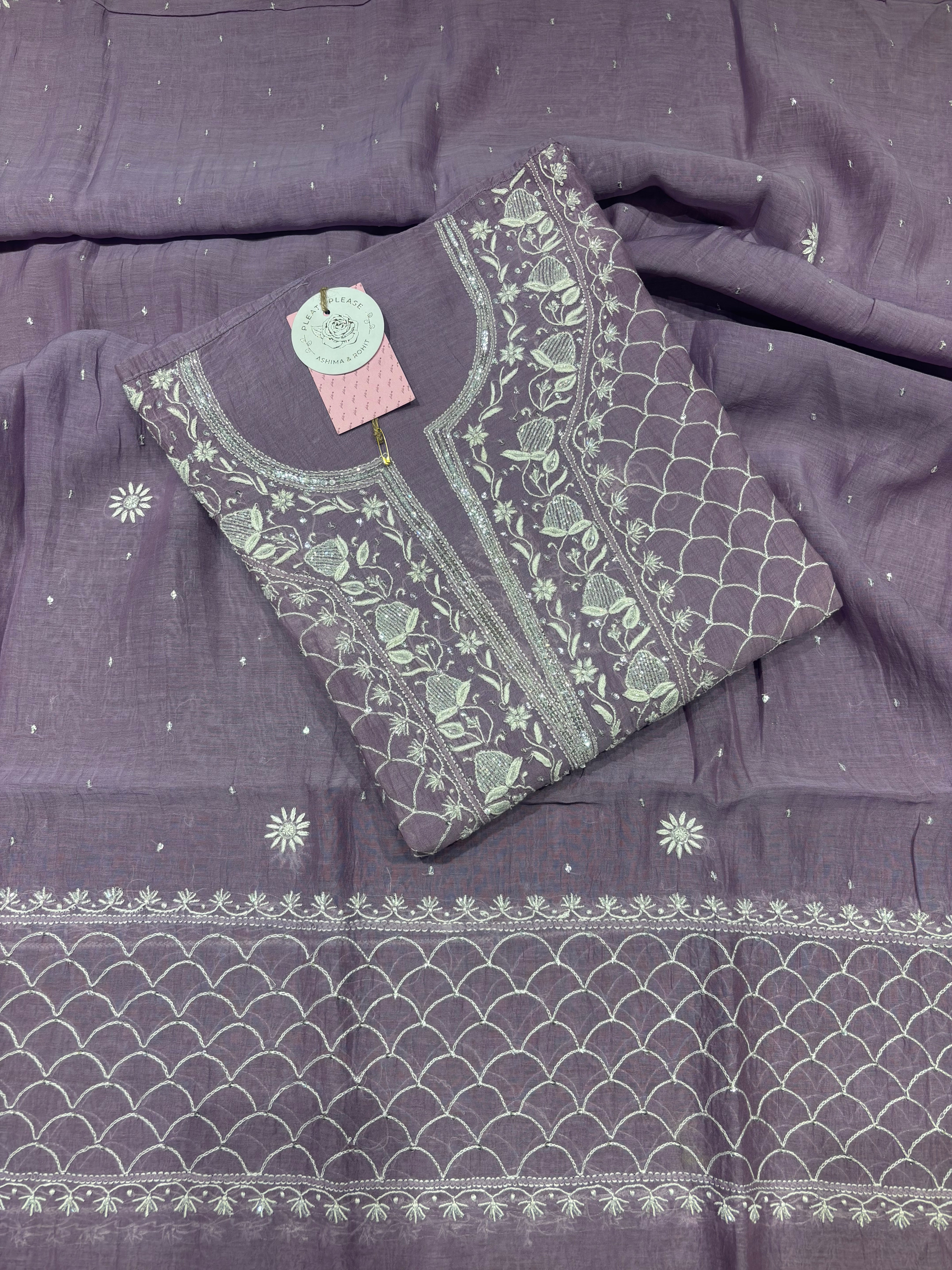 Lilac Chanderi Mul Chikankari Kurta & Dupatta Set