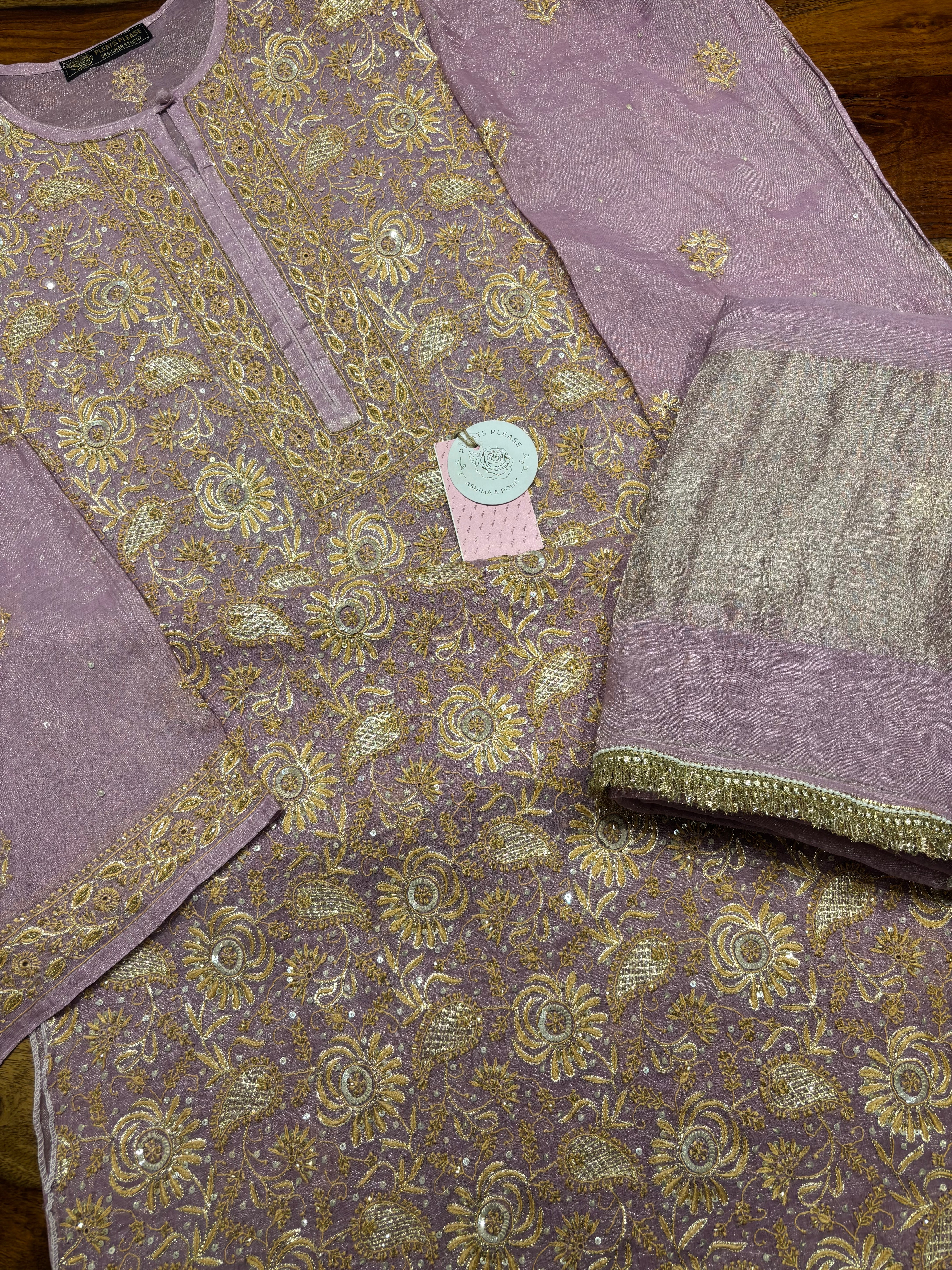 Lavender Pure & Premium Tissue Chikankari Kurta & Dupatta Set
