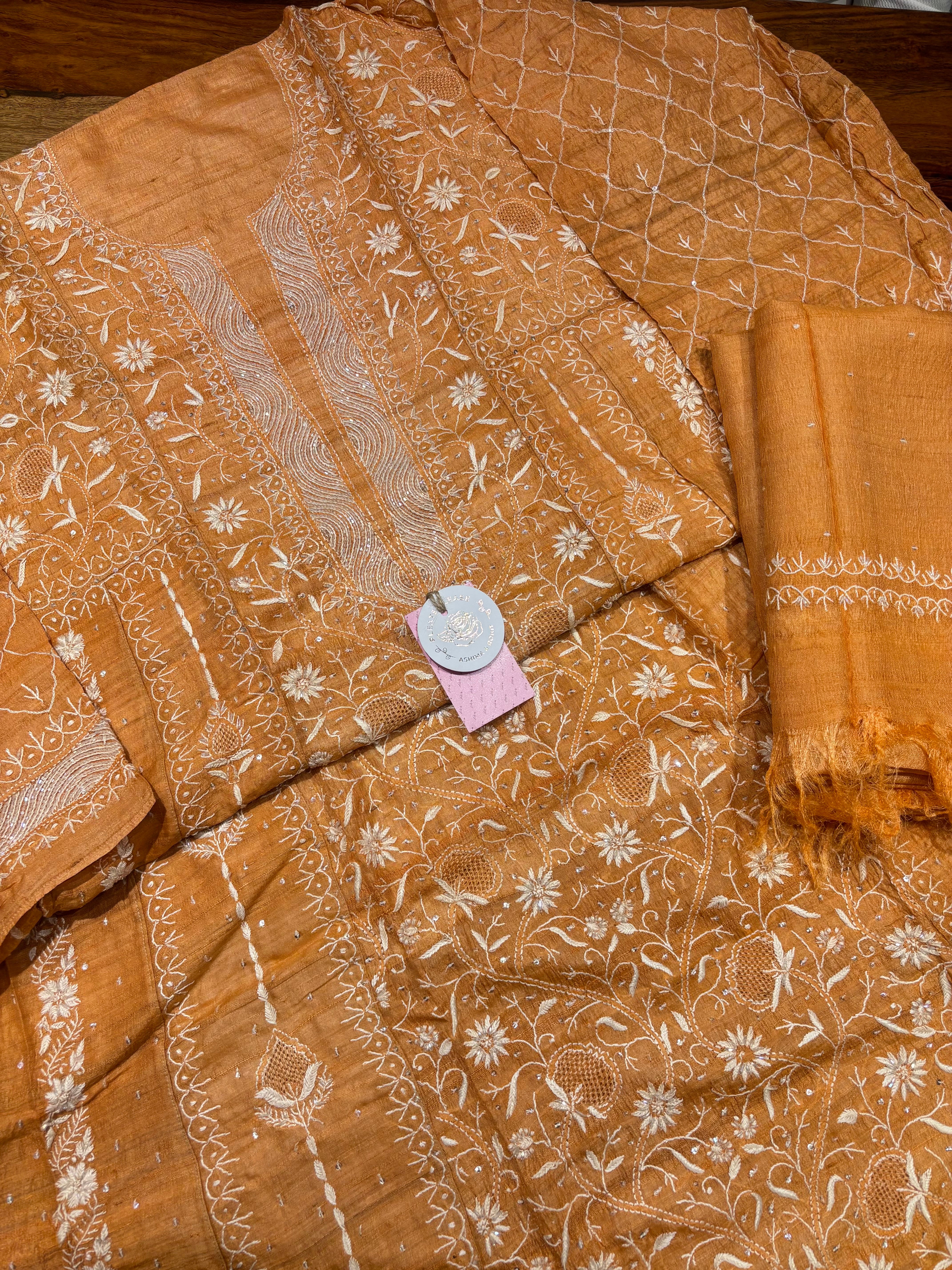 Orange Pure & Premium Tussar Silk Chikankari Anarkali & Dupatta Set