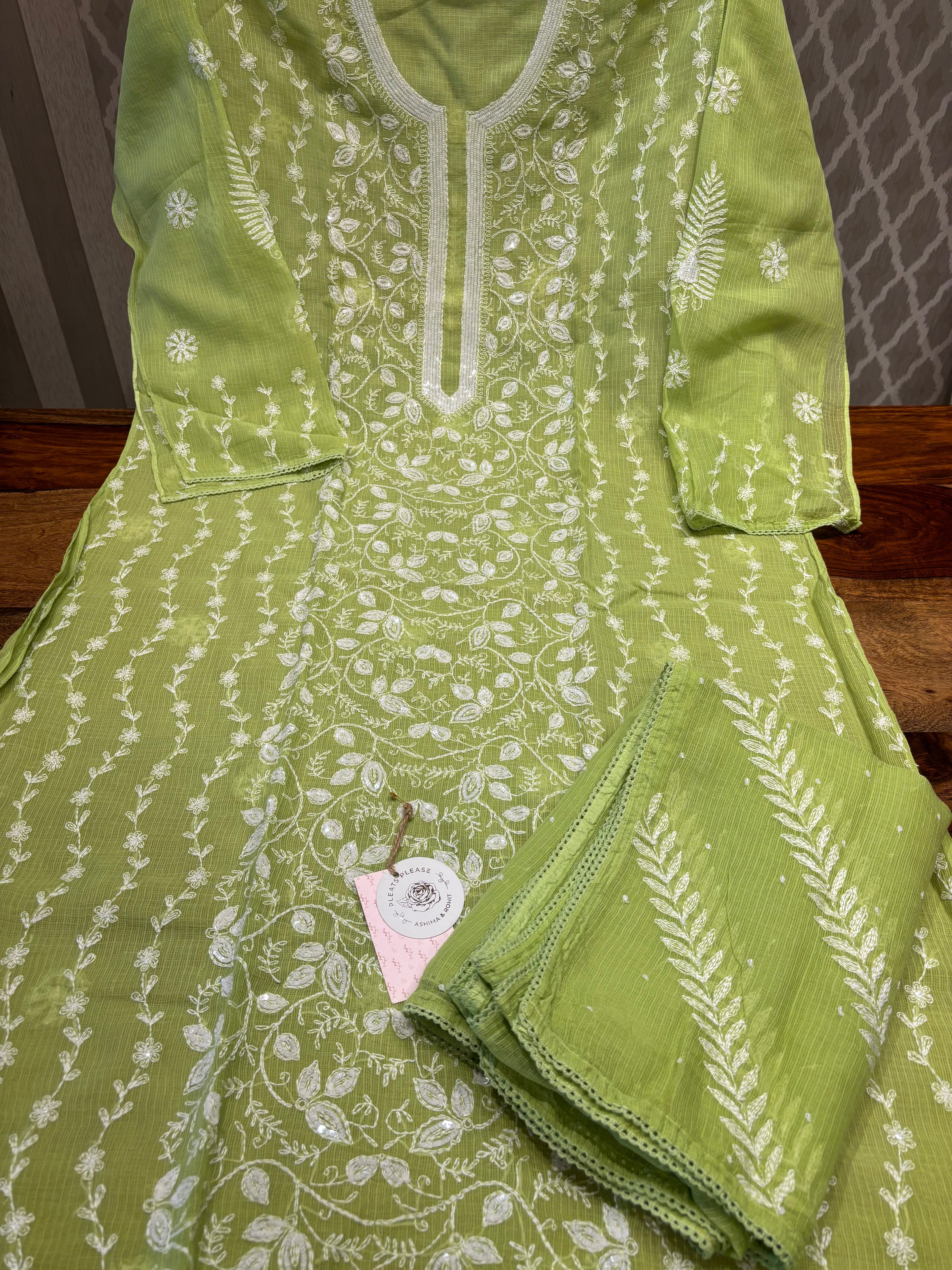 Parrot Green Kota Doria Chikankari Kurta And Dupatta Set