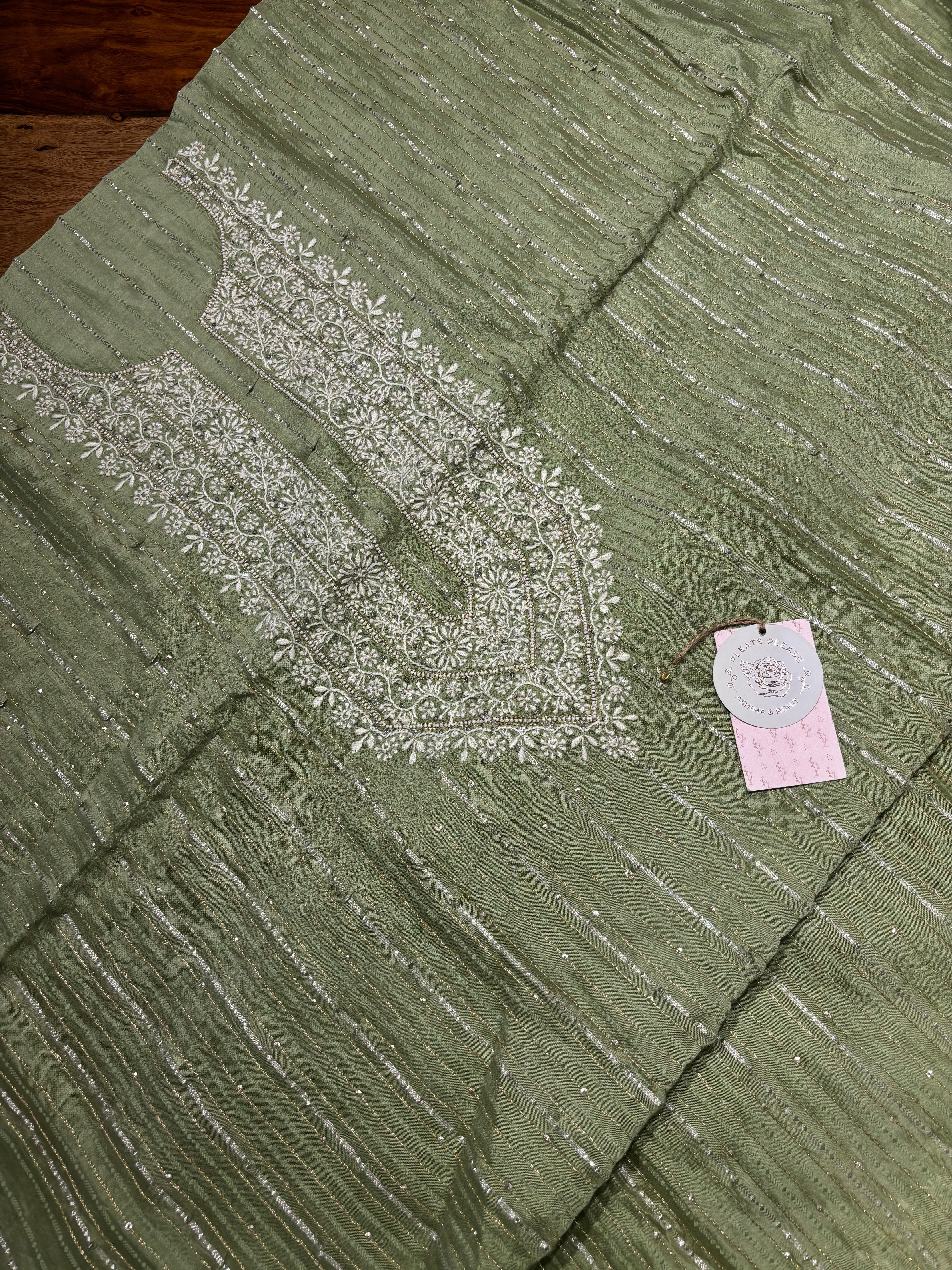Green Chanderi Silk Chikankari Men’s Kurta Fabric