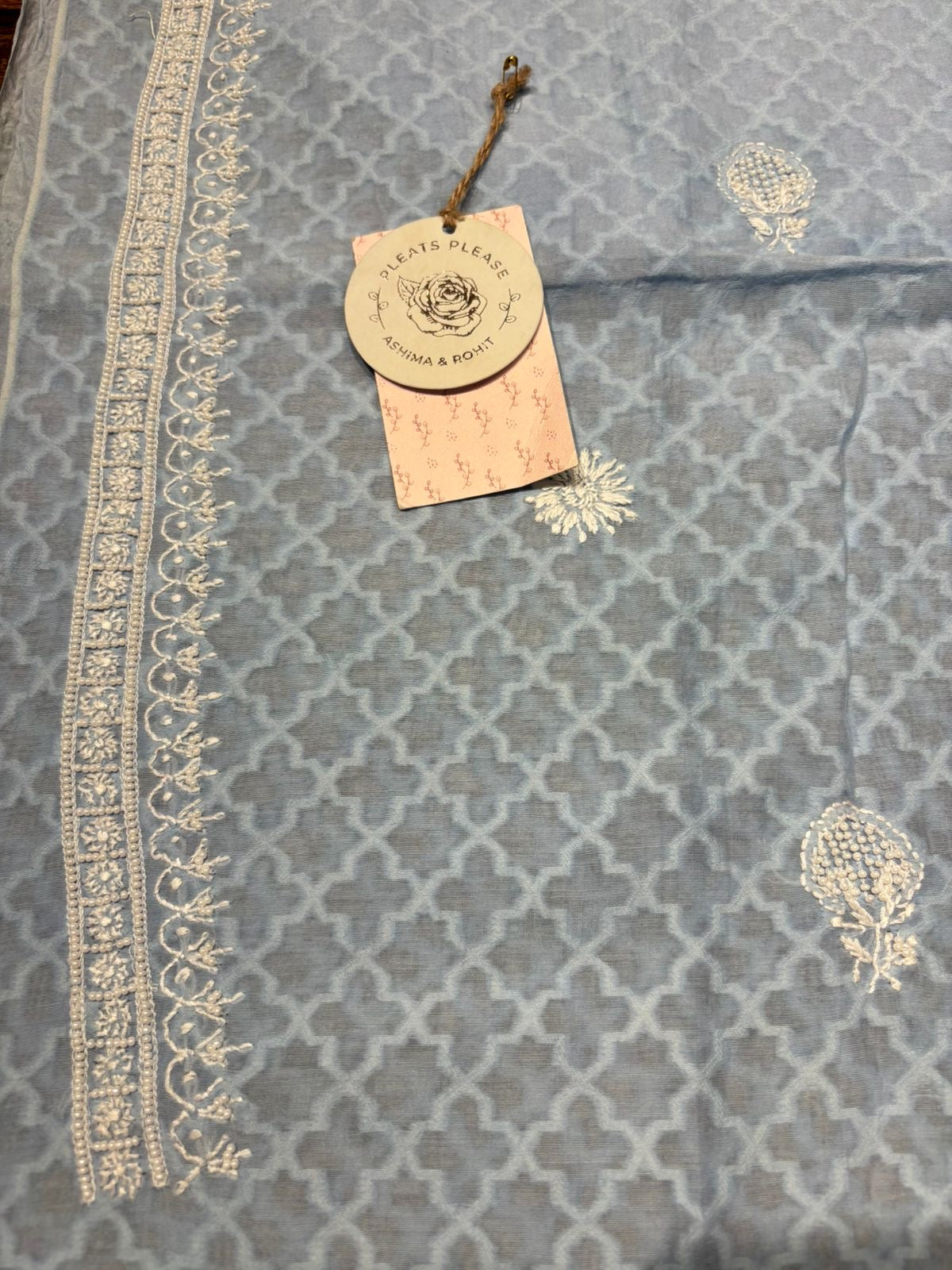 Powder Blue Chanderi Silk Chikankari Men’s Kurta Fabric