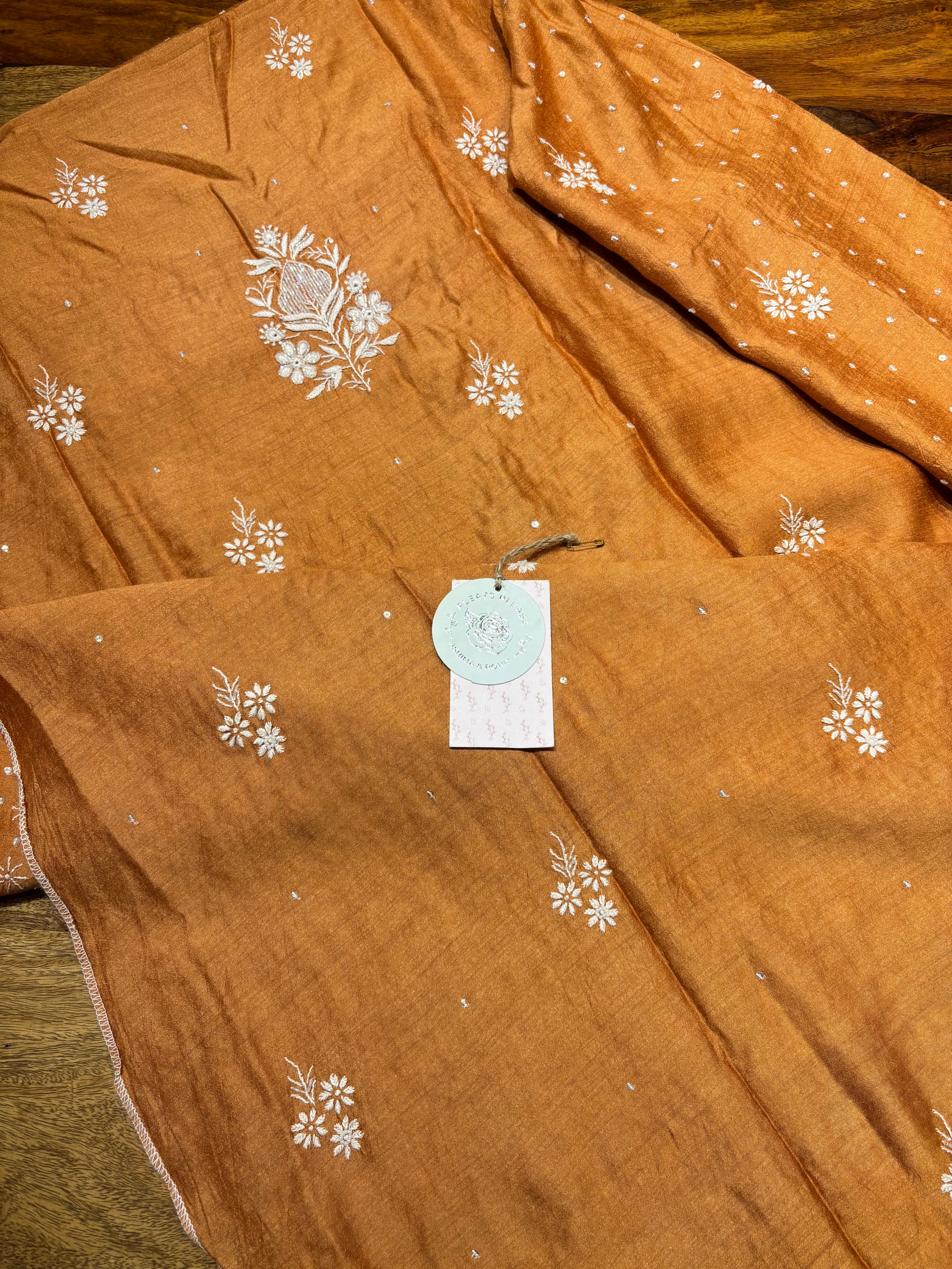 Burnt Orange Pure Monga Silk Chikankari Kurta and Dupatta