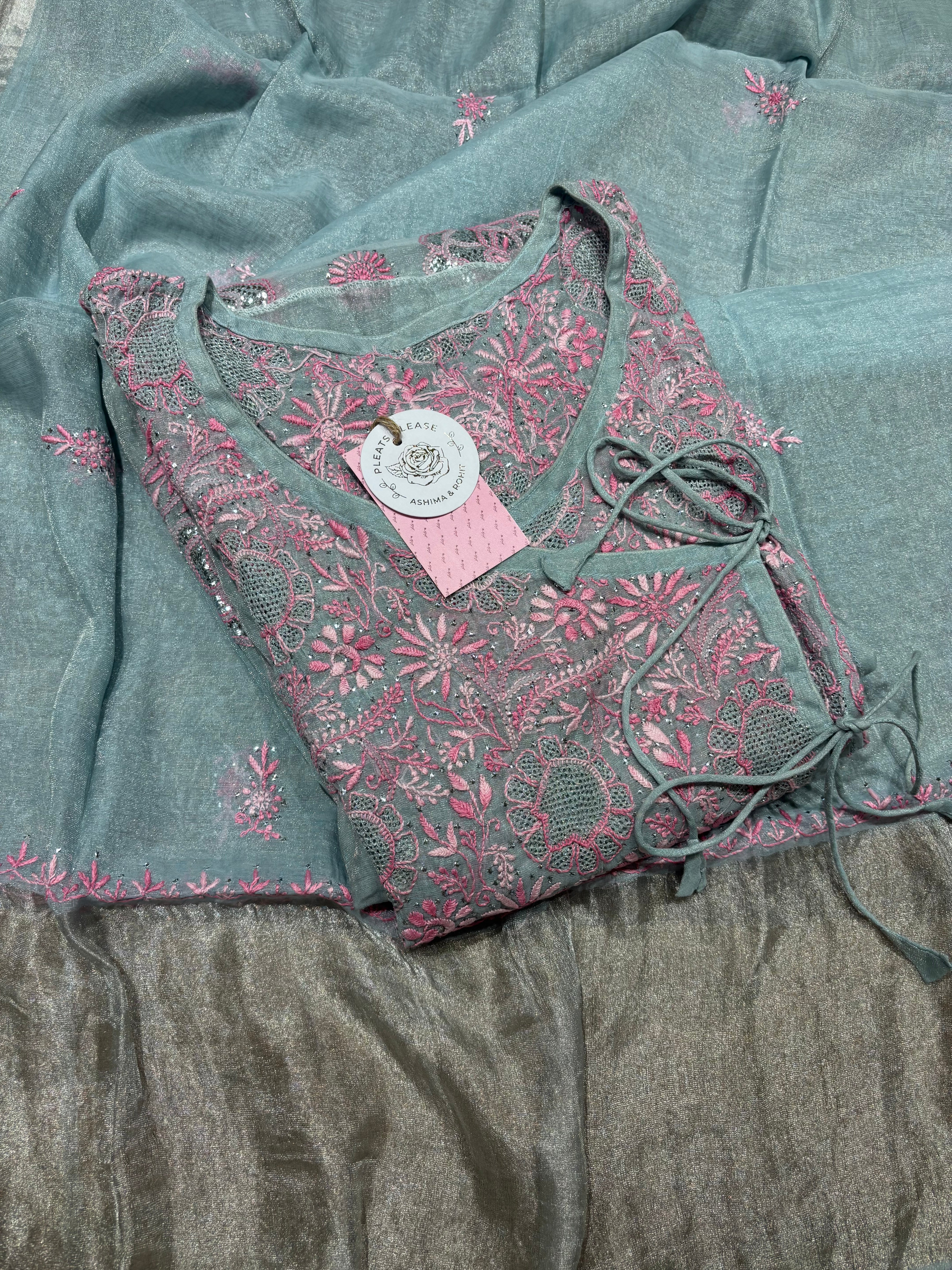 Powder Blue Pure and Premium Tissue Chikankari &Mukaish Angrakha Kurta and Dupatta Set