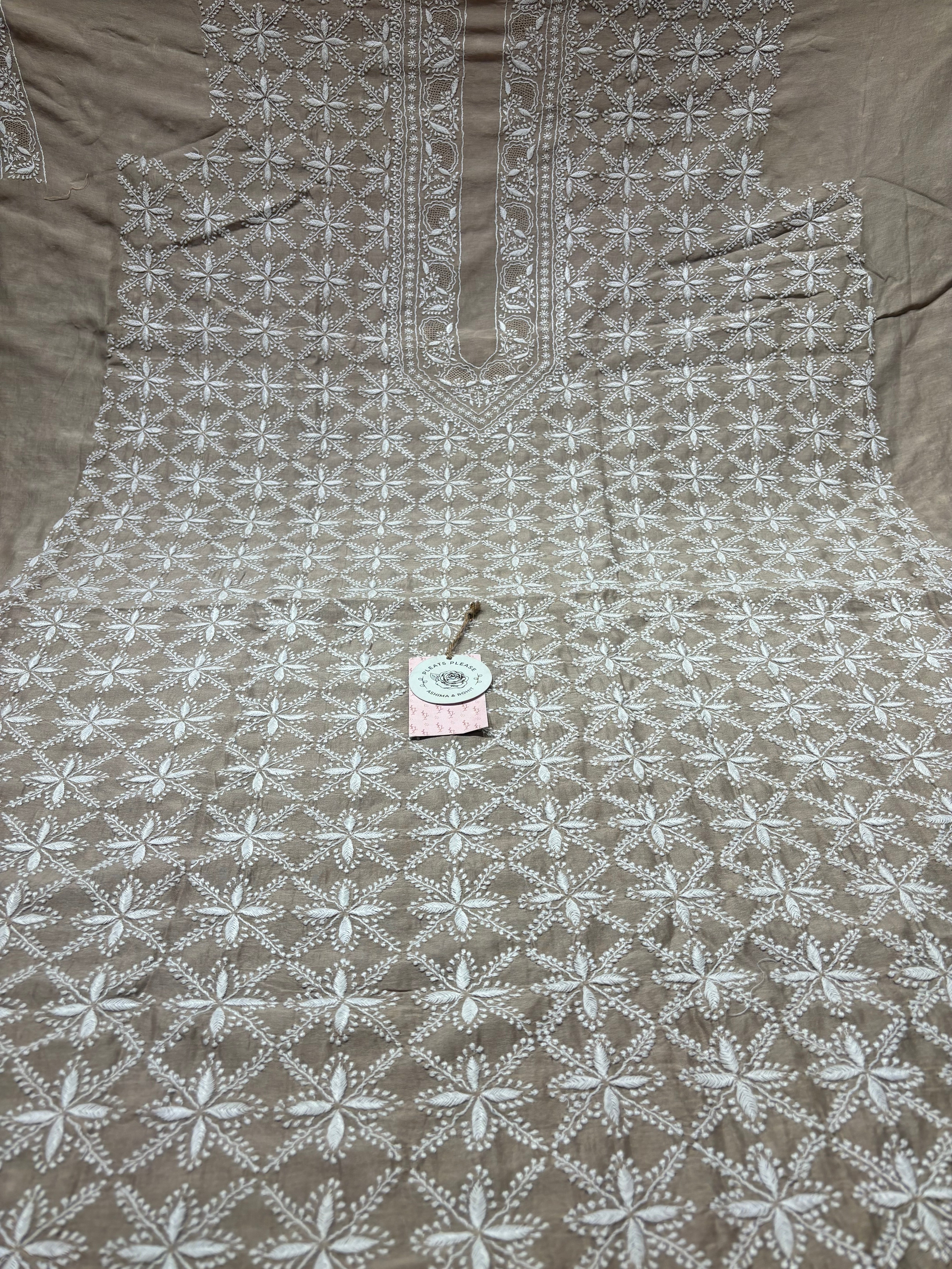 Mocha mousse Chanderi Silk Chikankari men’s Kurta Fabric