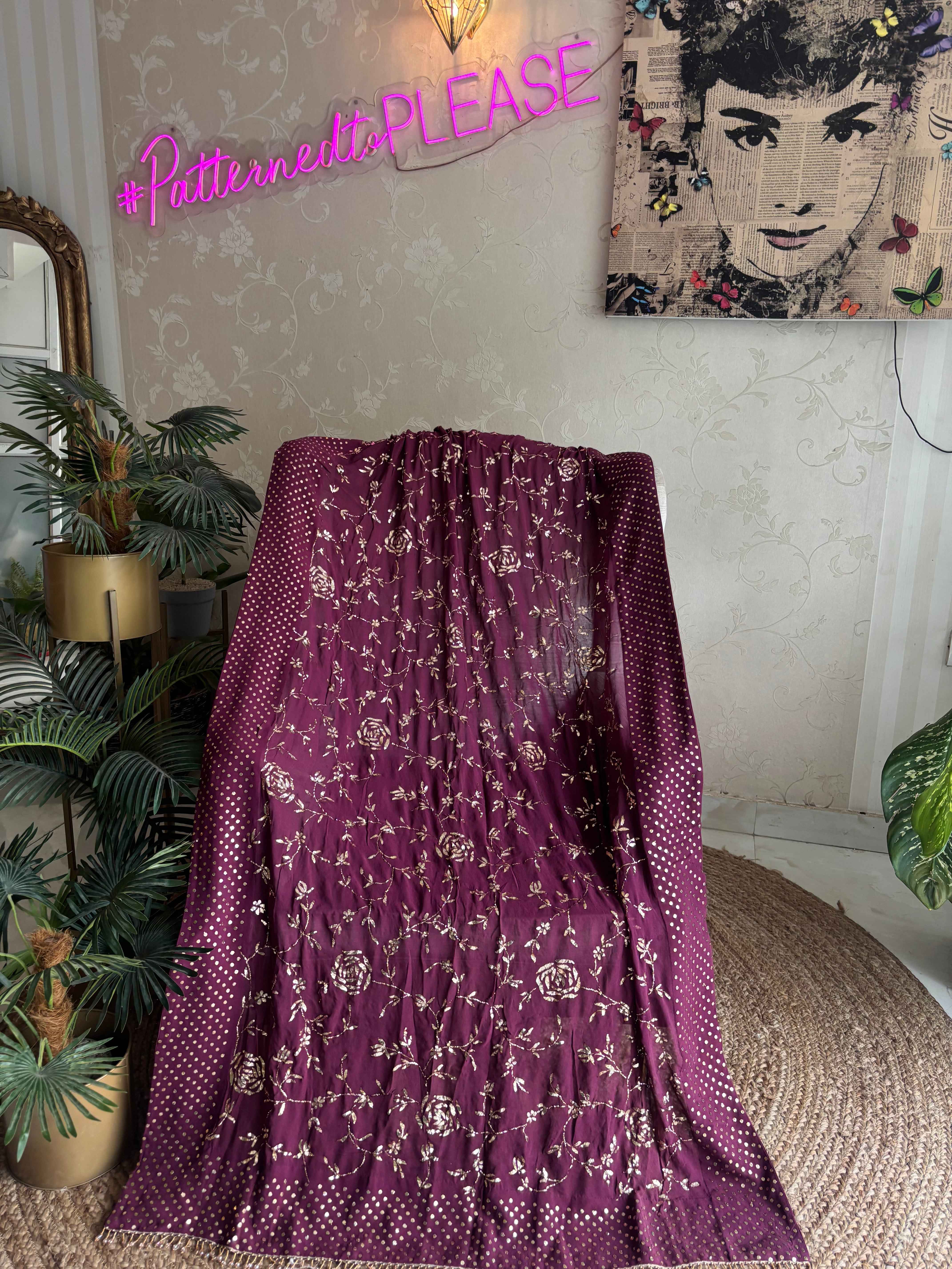 Wine Mukaish Pure And Premium Georgette Dupatta - Pleats PleaseChikankari