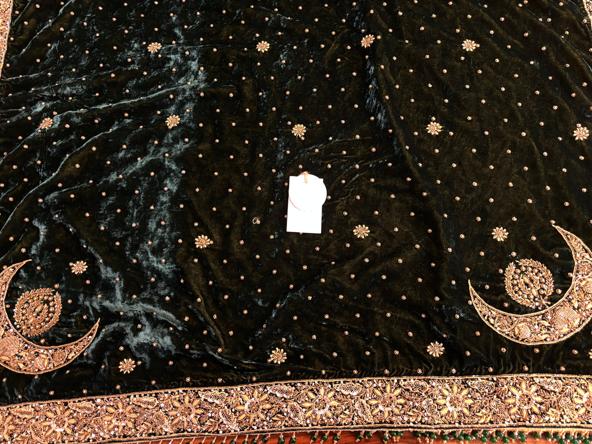 Dark Green Velvet Chikankari Zardozi Embellished Shawl