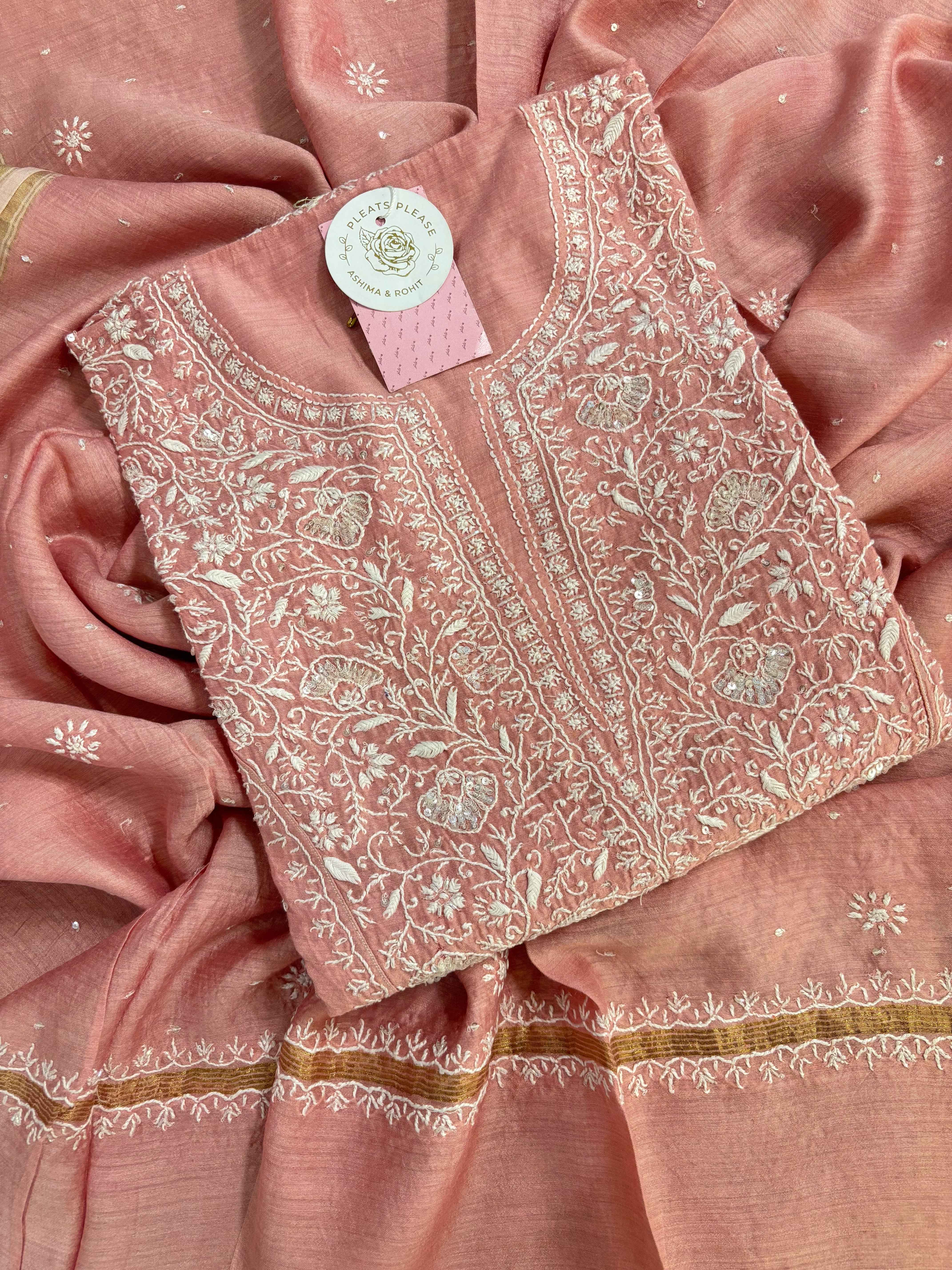 Baby Pink Monga Silk Chikankari Kurta & Dupatta