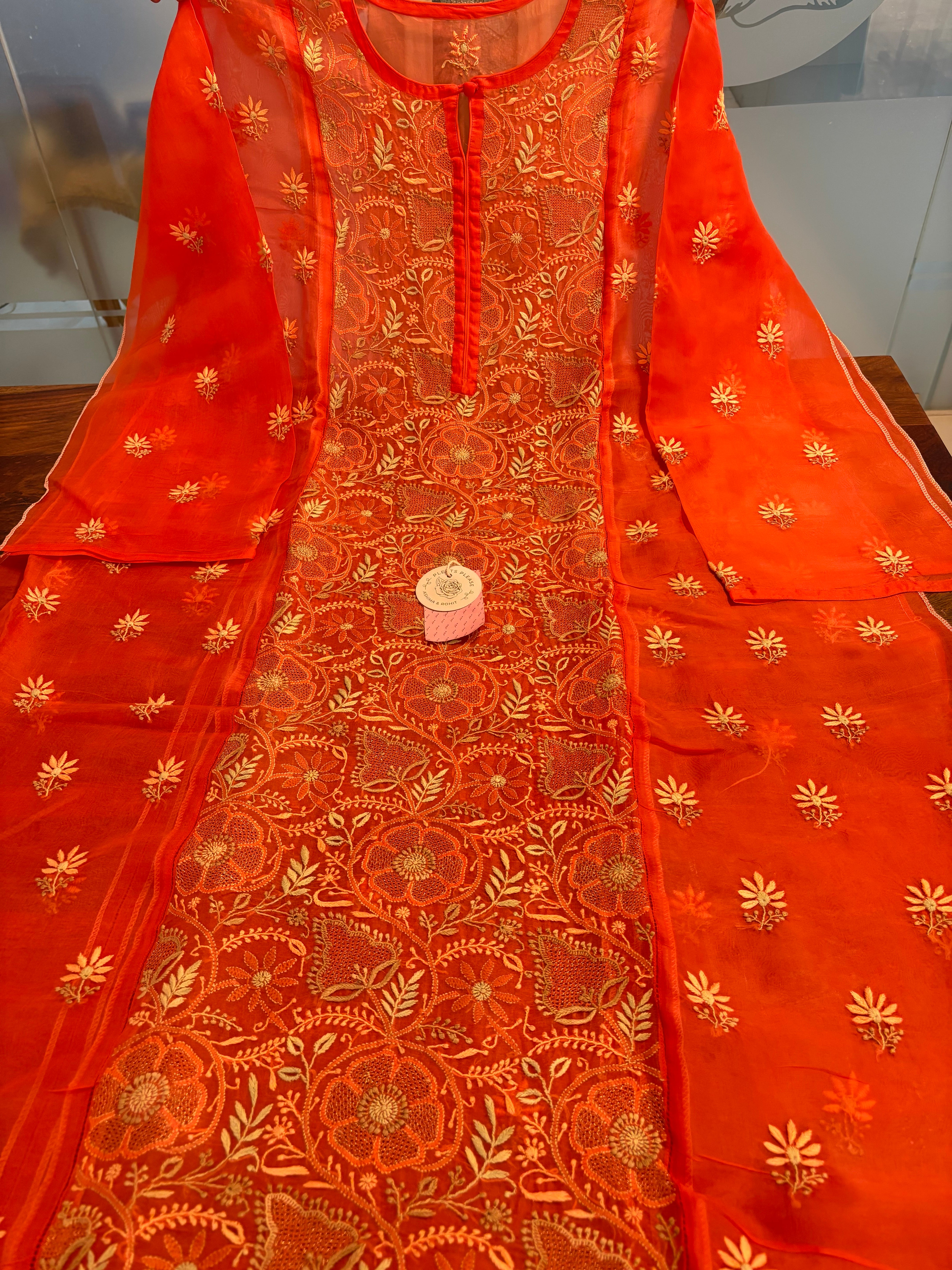 Burnt Orange Pure Organza Silk Chikankari Kurta & Dupatta