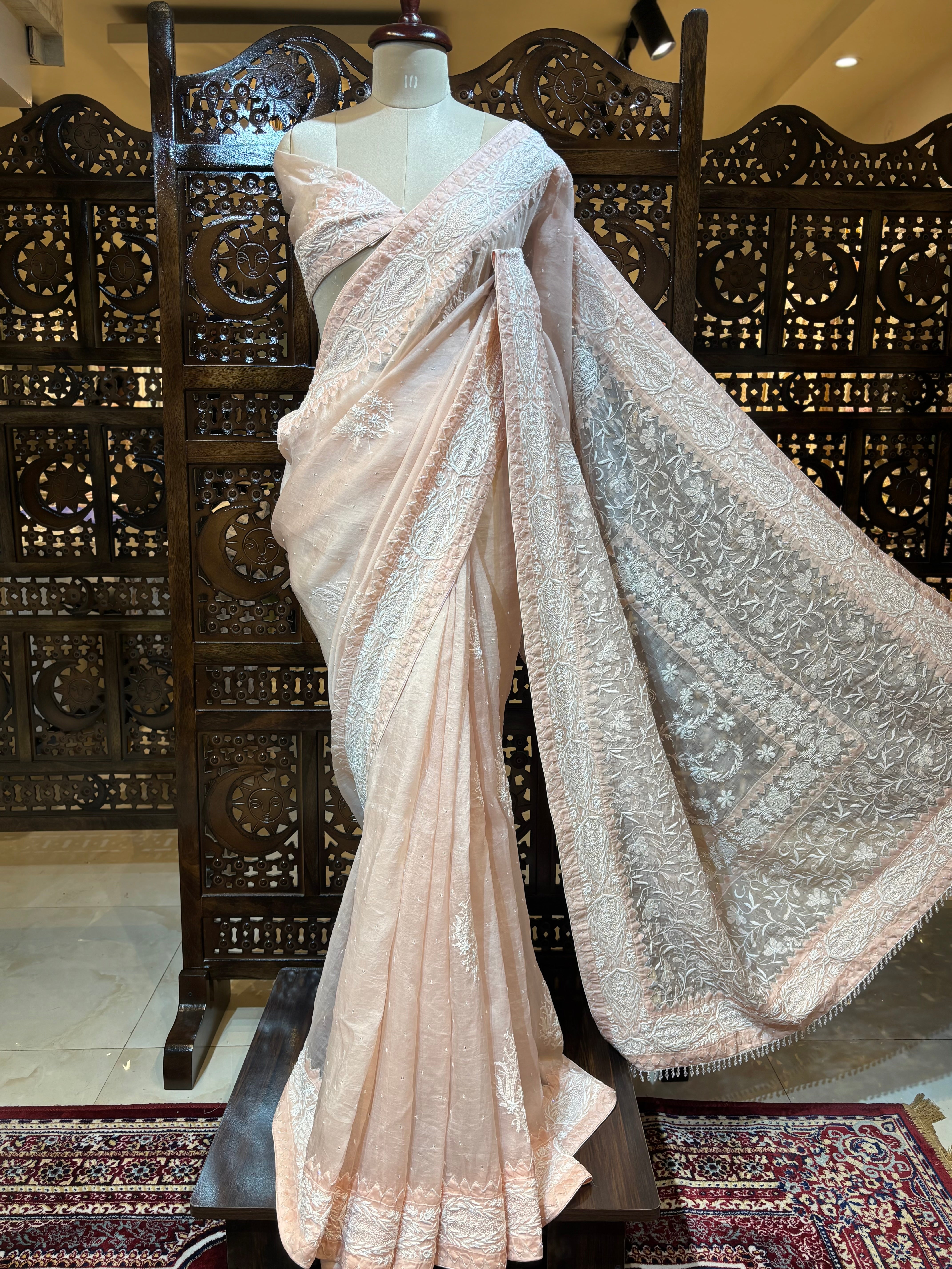 Blush Pink Organza Silk Chikankari Saree and Blouse - Pleats PleaseChikankari