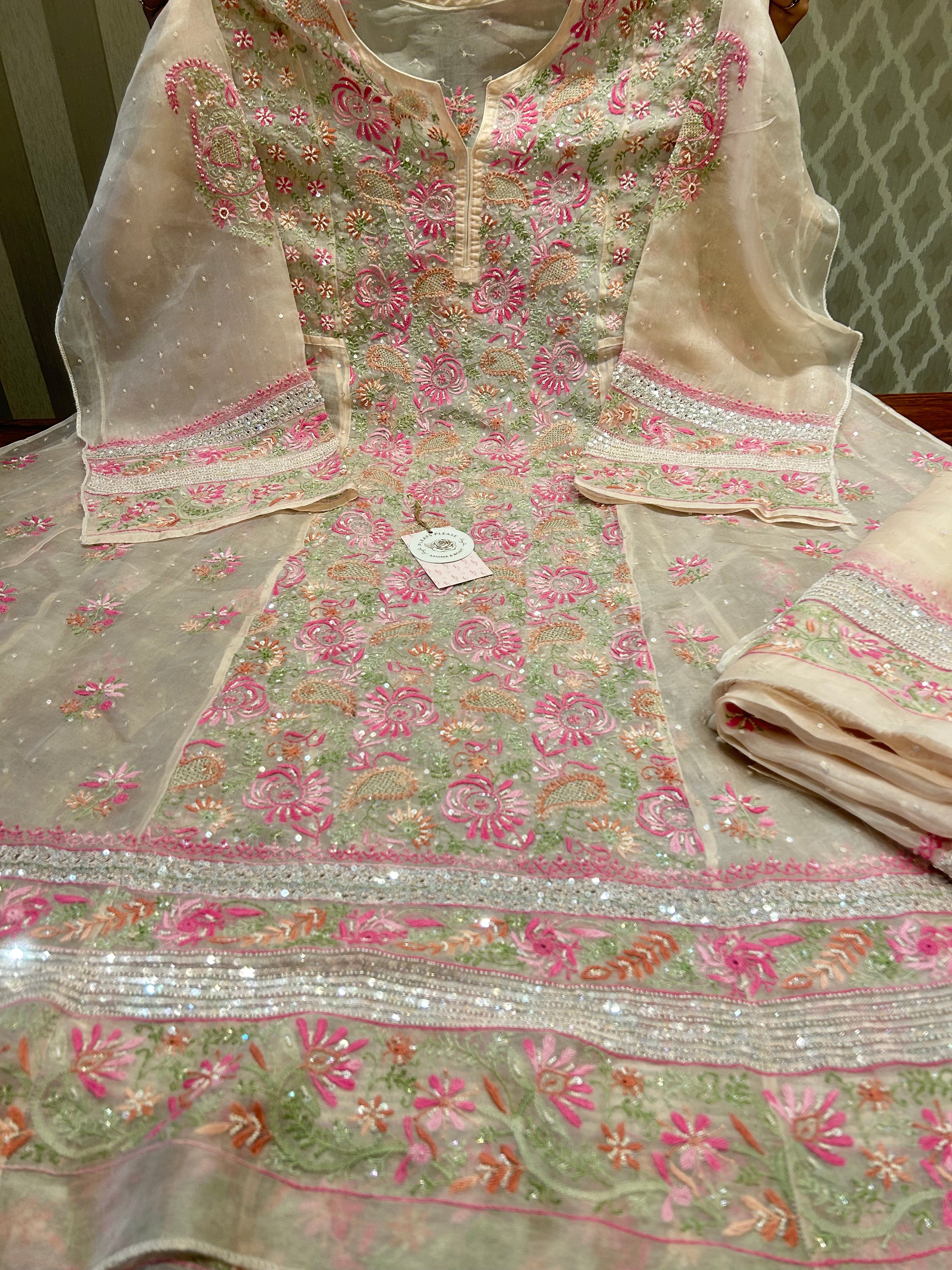 Blush Pink Chikankari Organza Anarkali & Dupatta