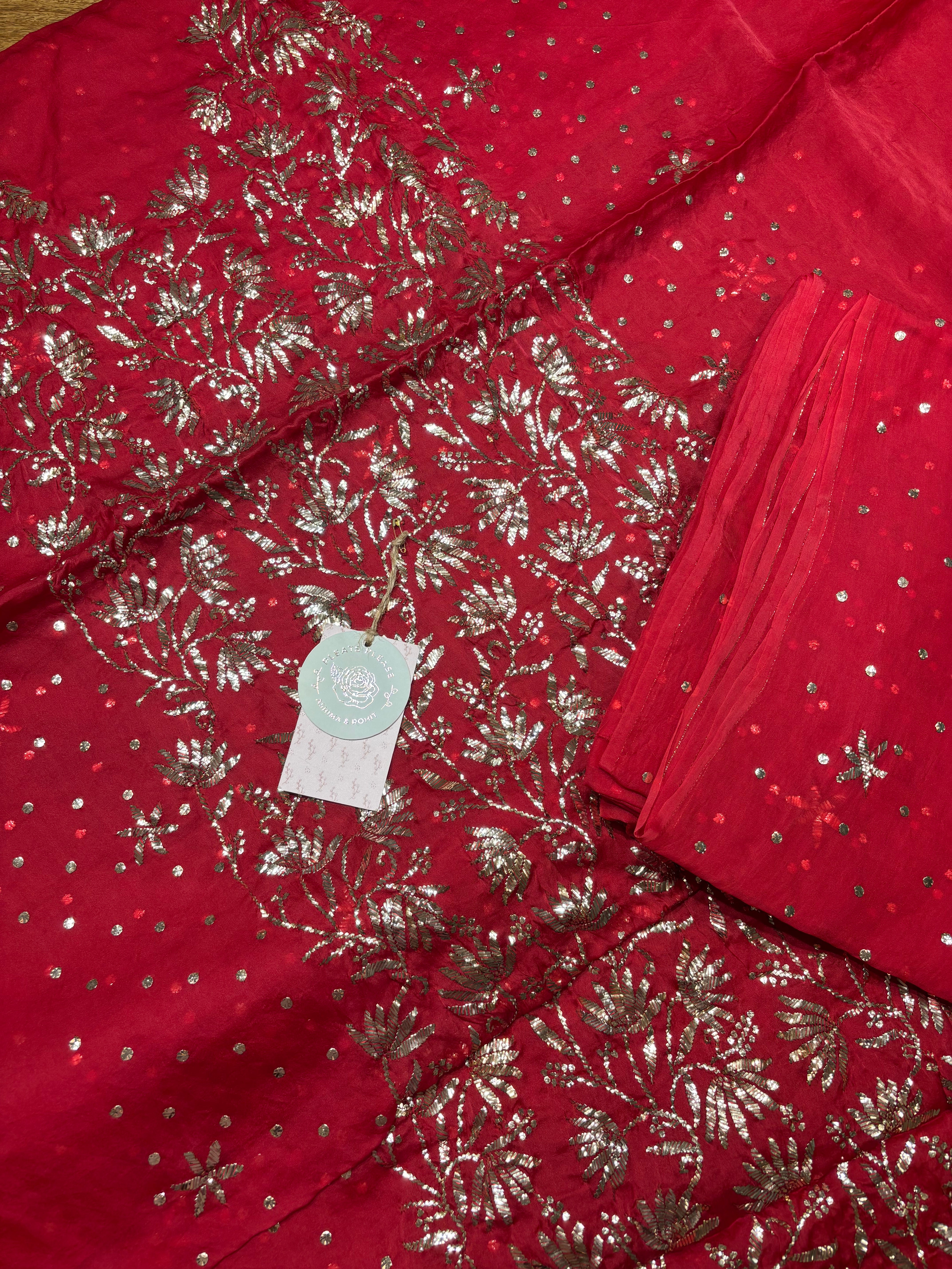 Red Pure and Premium Organza Silk Mukaish Kurta and Dupatta Fabric
