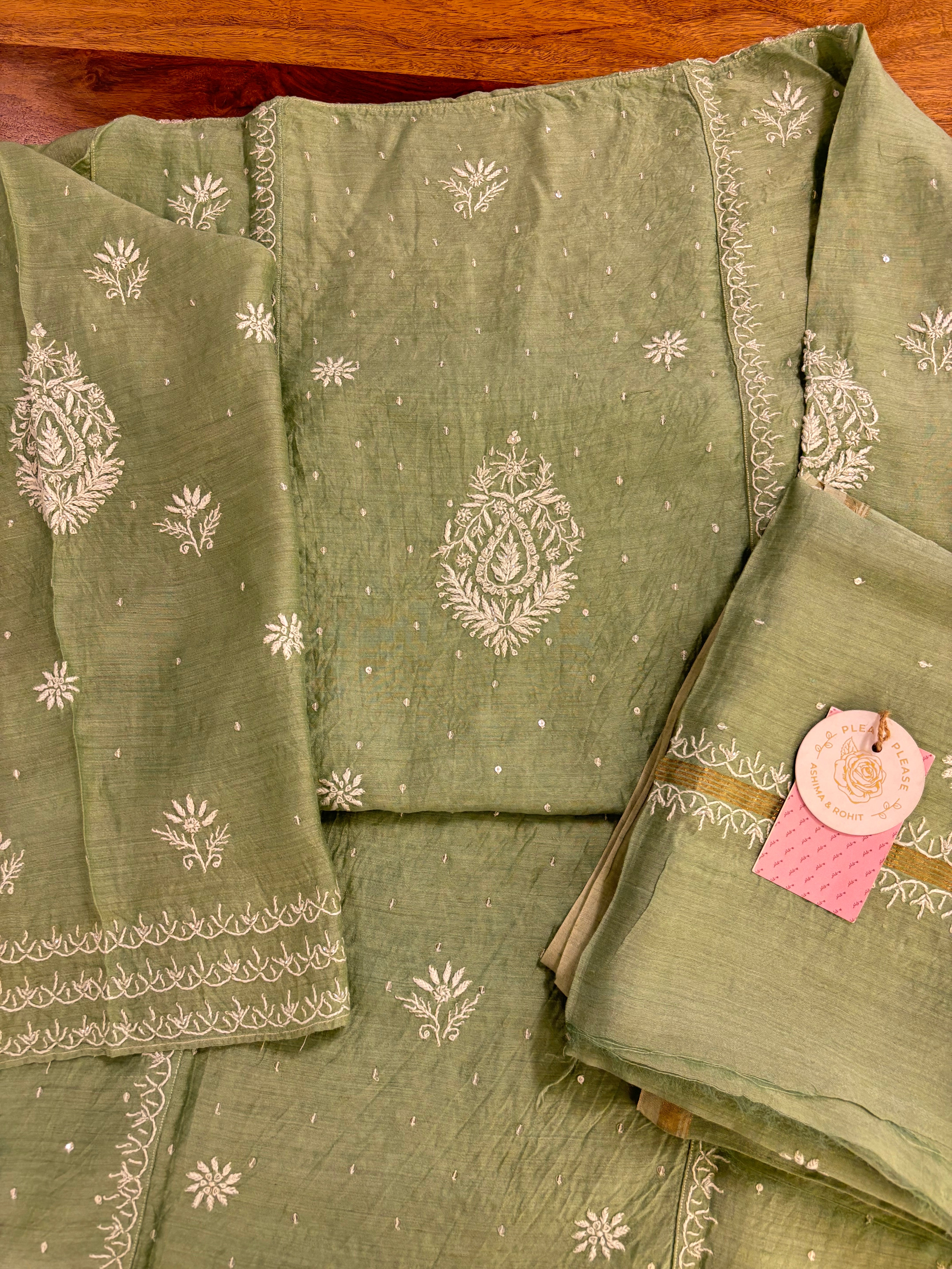 Sage Green Monga Silk Chikankari Kurta & Dupatta