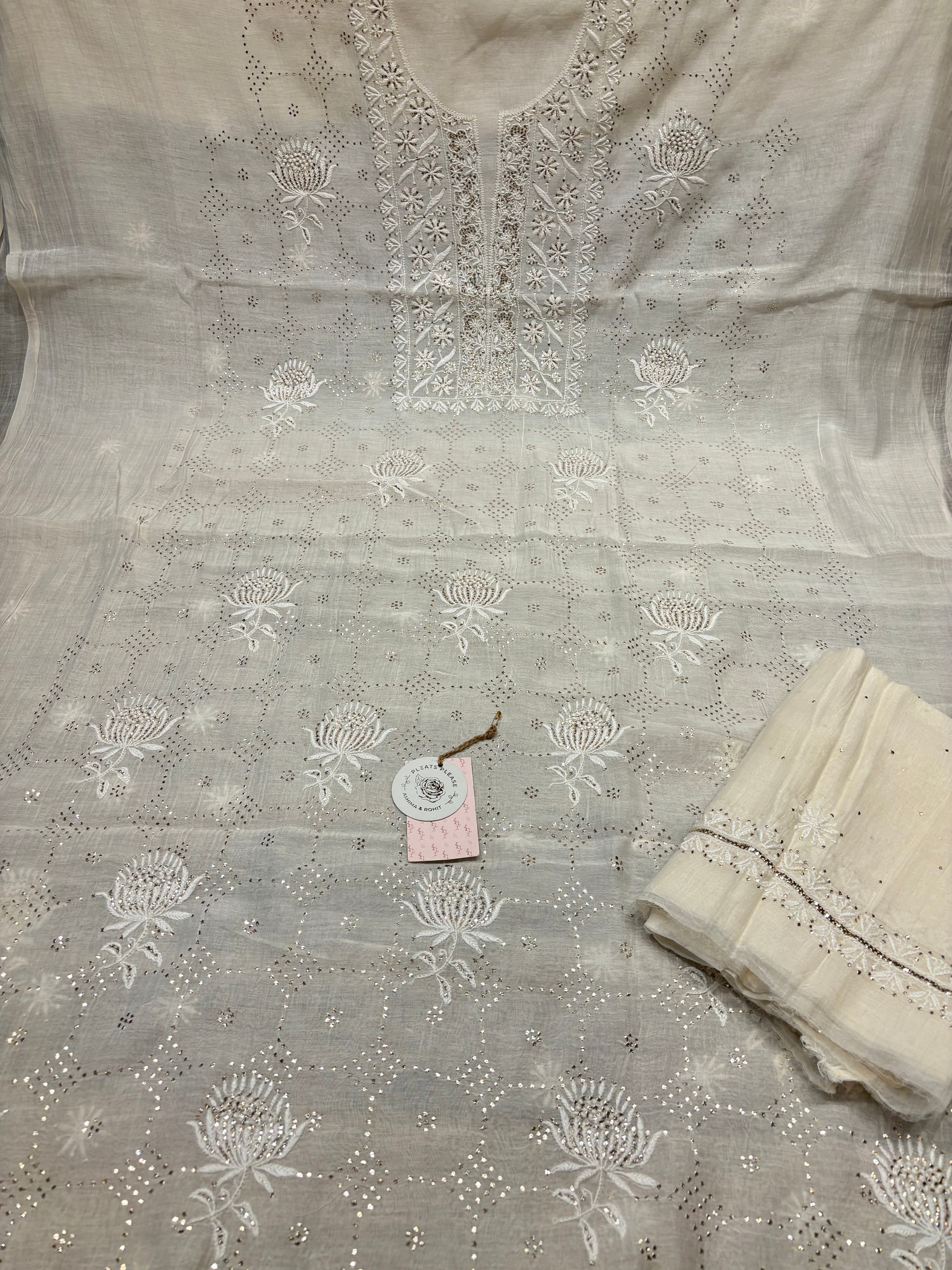 Dyeable Chanderi Mul Chikankari Kurta And Dupatta Fabric