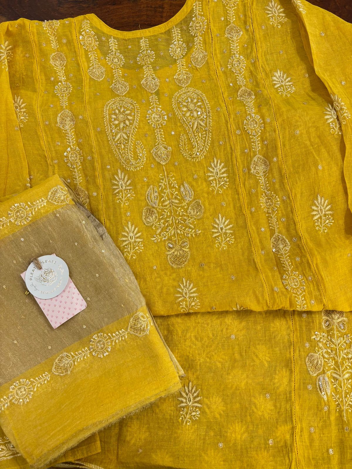Mustard Yellow Pure & Premium Tissue Chikankari Kurta & Dupatta