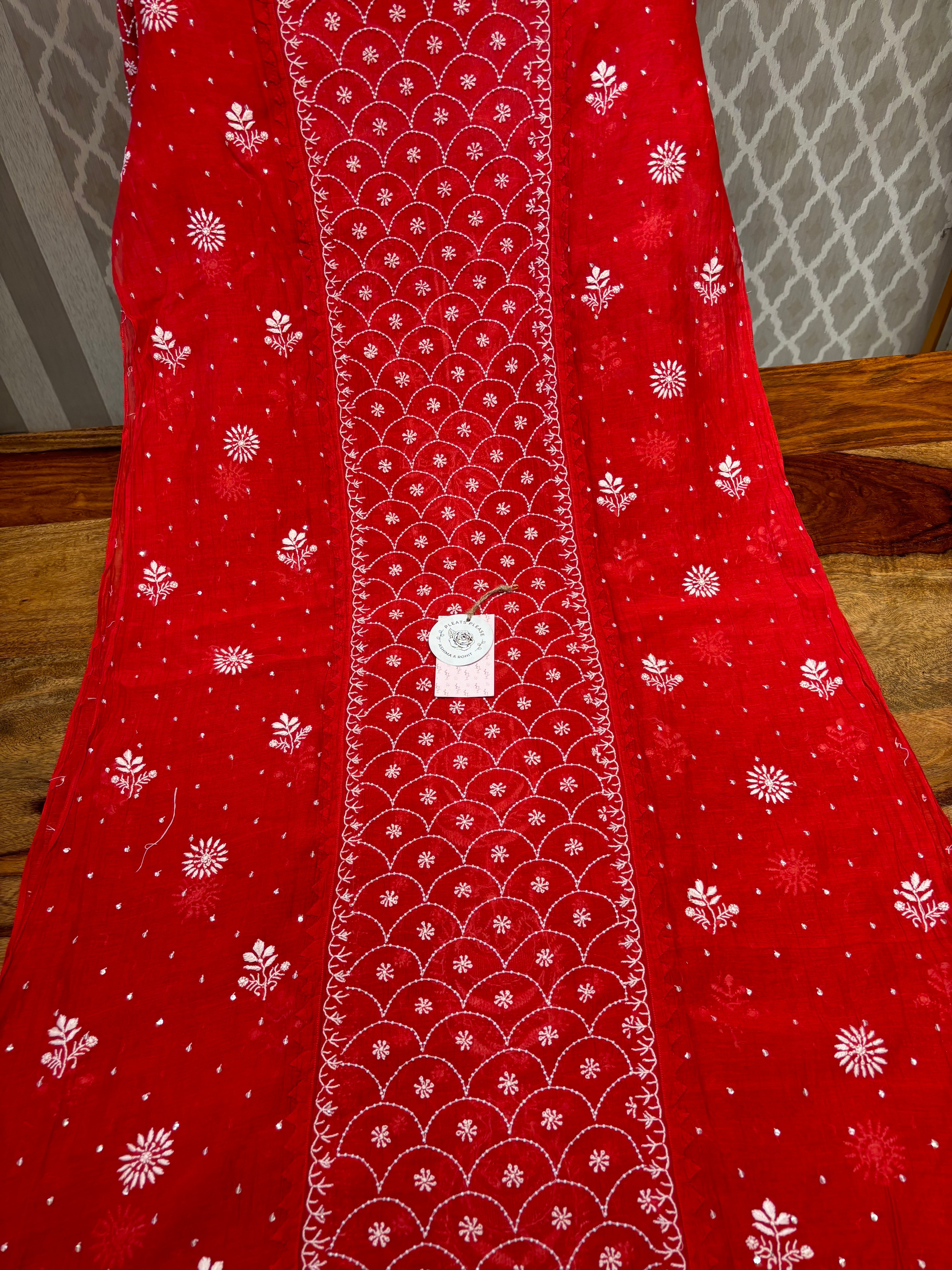 Red Chanderi Mul Chikankari Kurta and Dupatta set