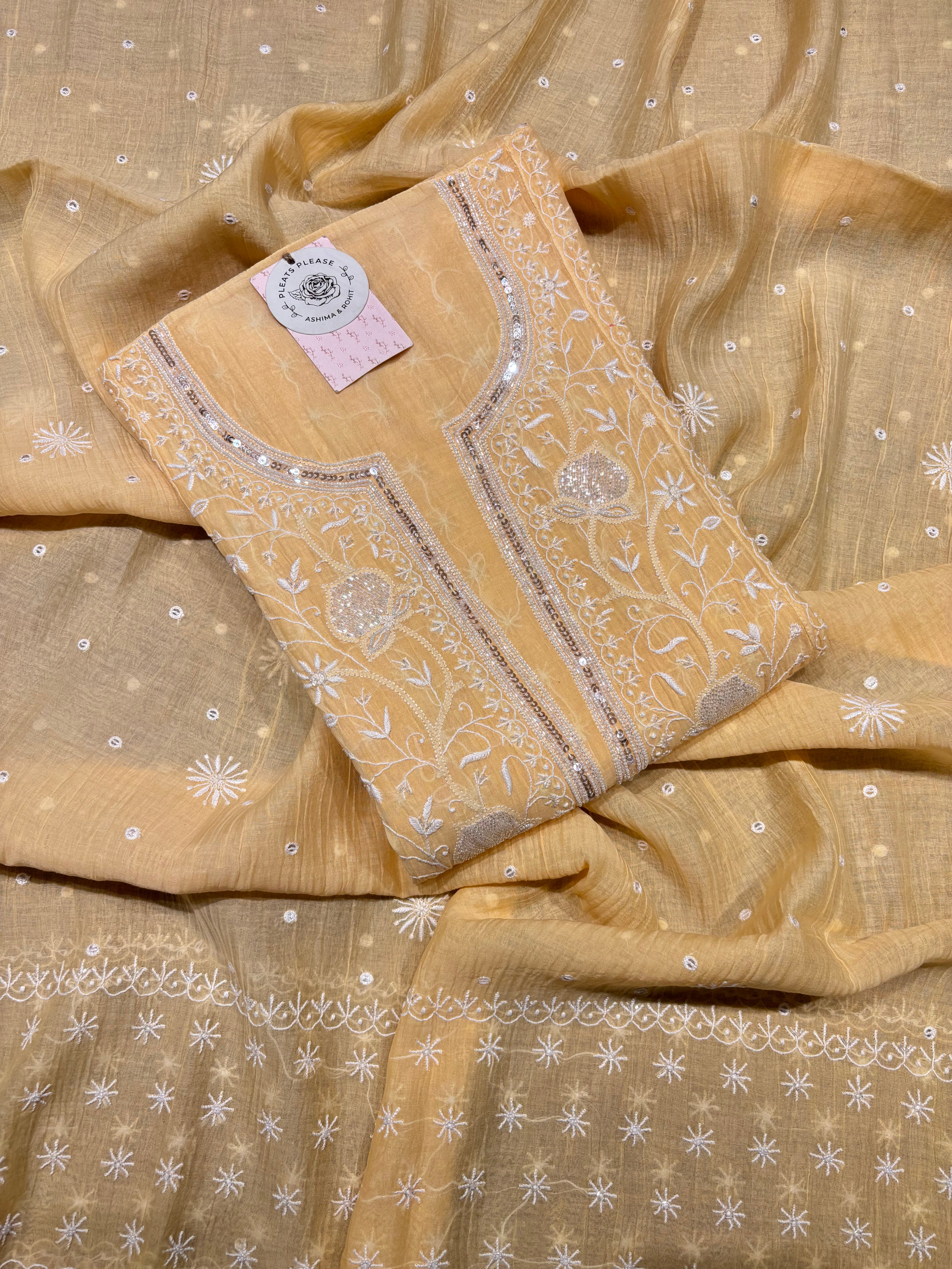 Butter Yellow Chanderi Mul Chikankari Kurta and Dupatta Set