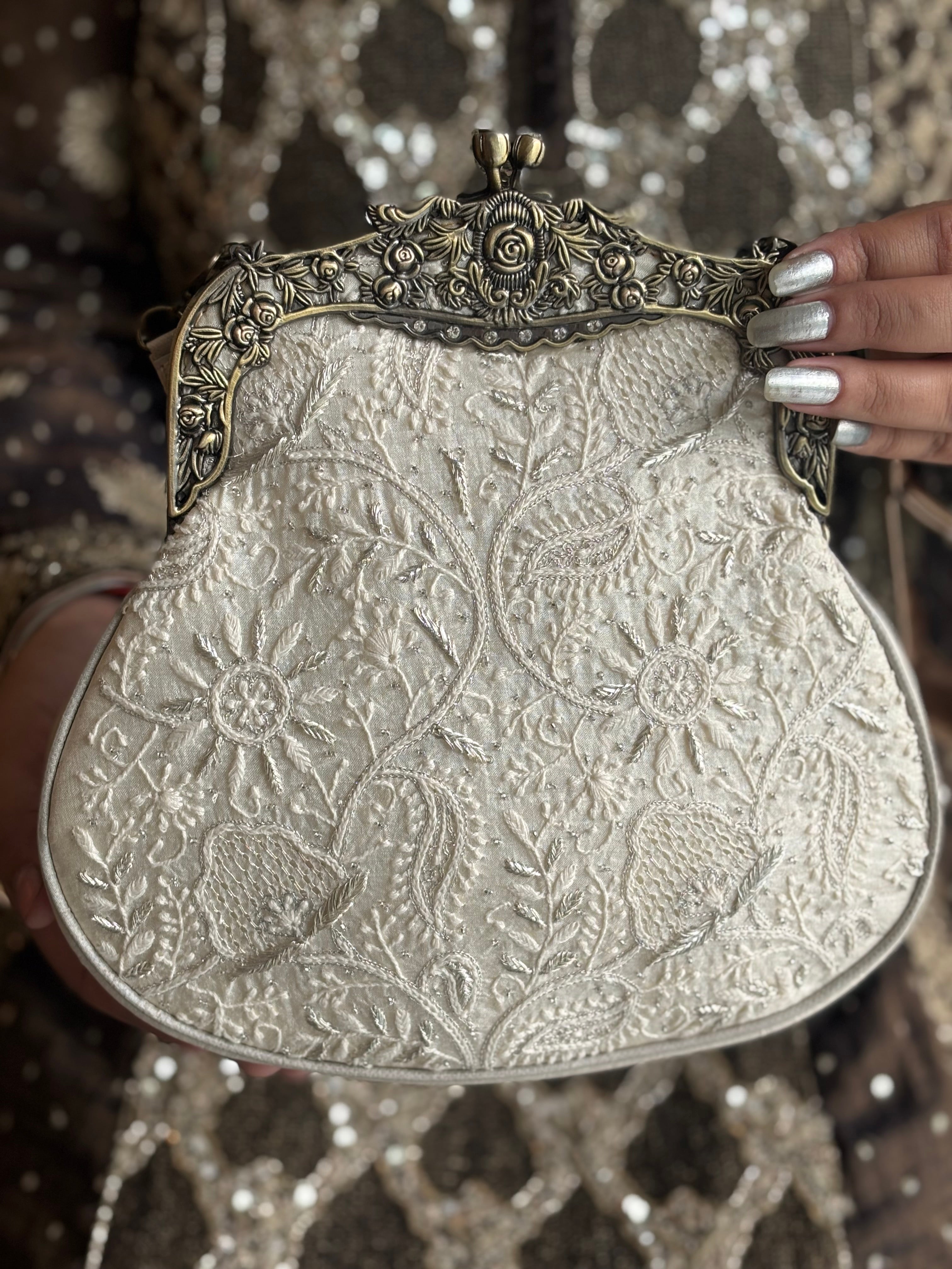 Silver Silk Chikankari Clutch