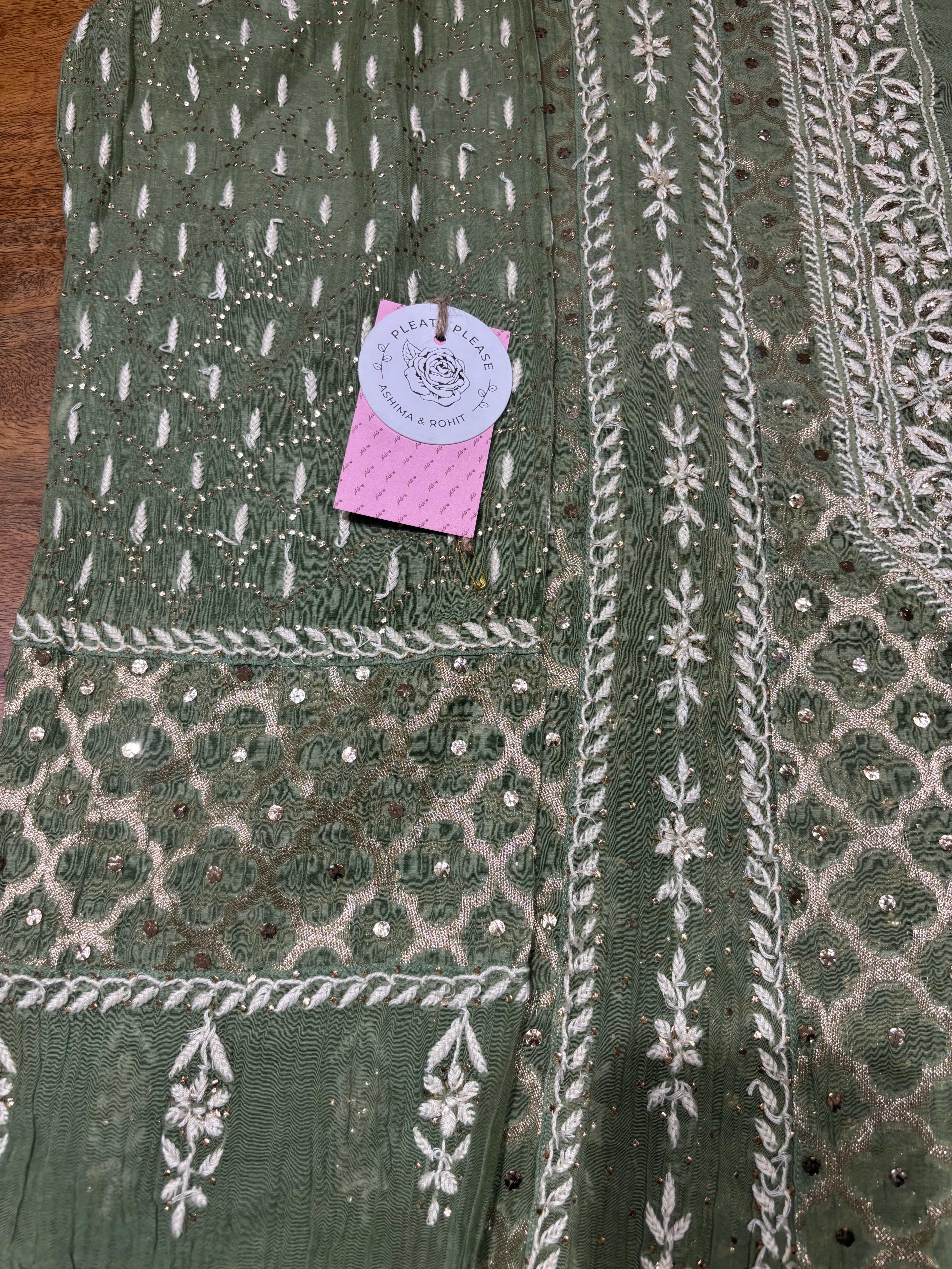 Olive Green Chanderi Mul Chikankari & Mukaish Anarkali & Dupatta Set