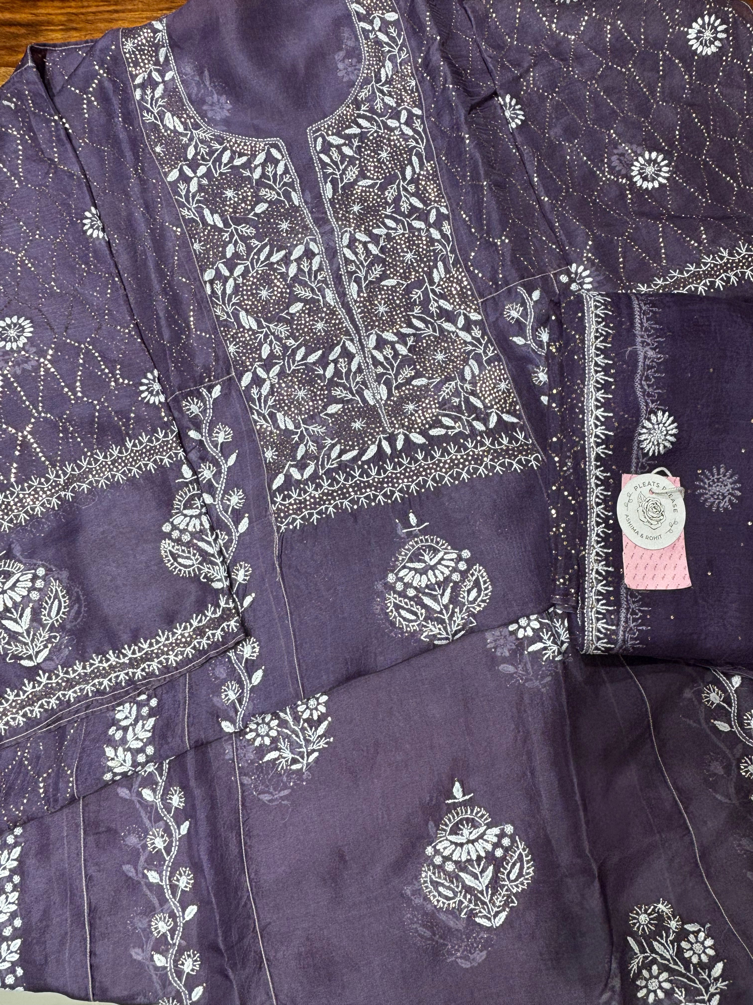 Deep Plum Pure Organza Silk Mukaish & Chikankari Anarkali & Dupatta