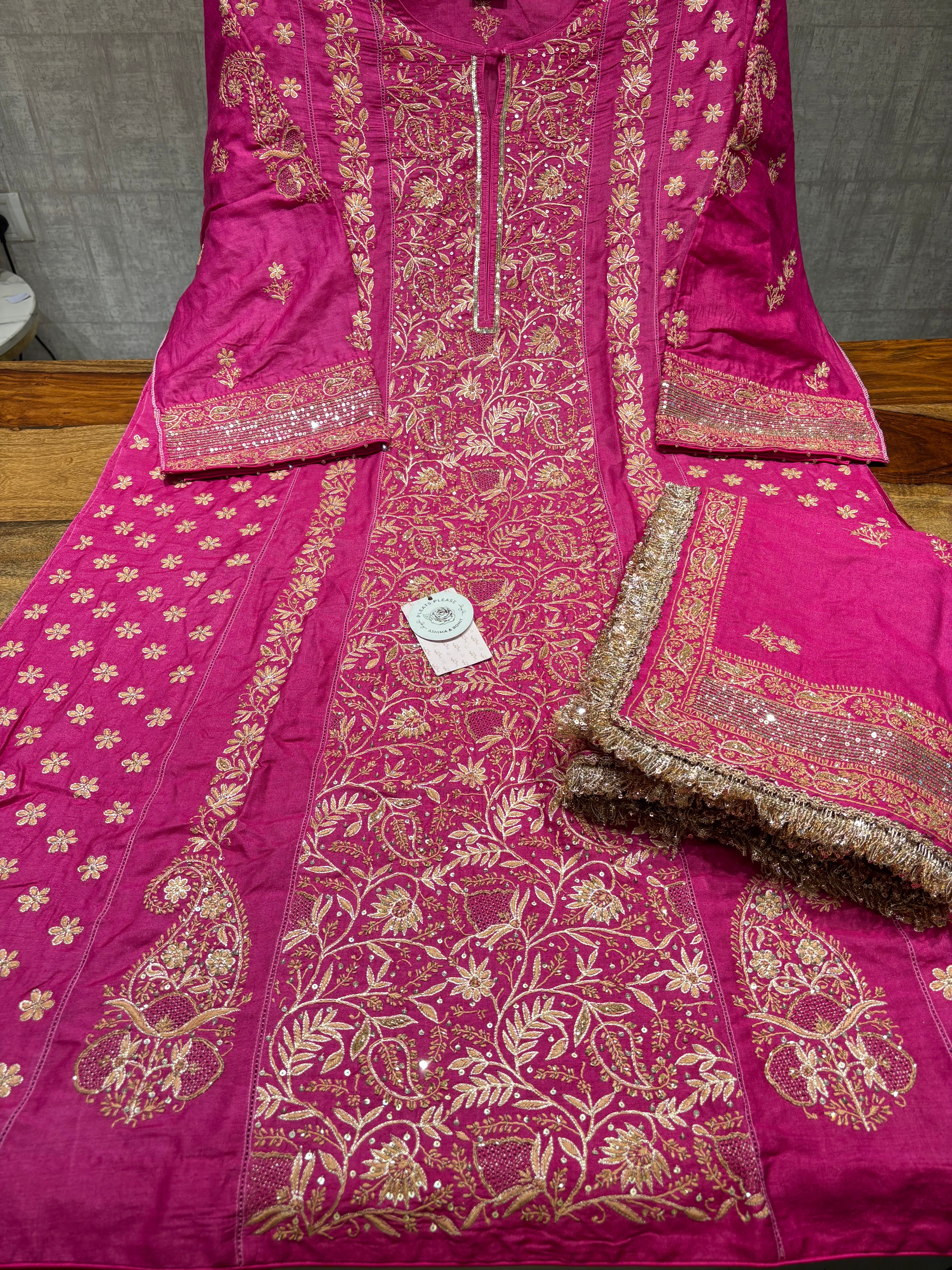 Fuschia Pink Monga Silk Chikankari A-Line Anarkali & Dupatta Set