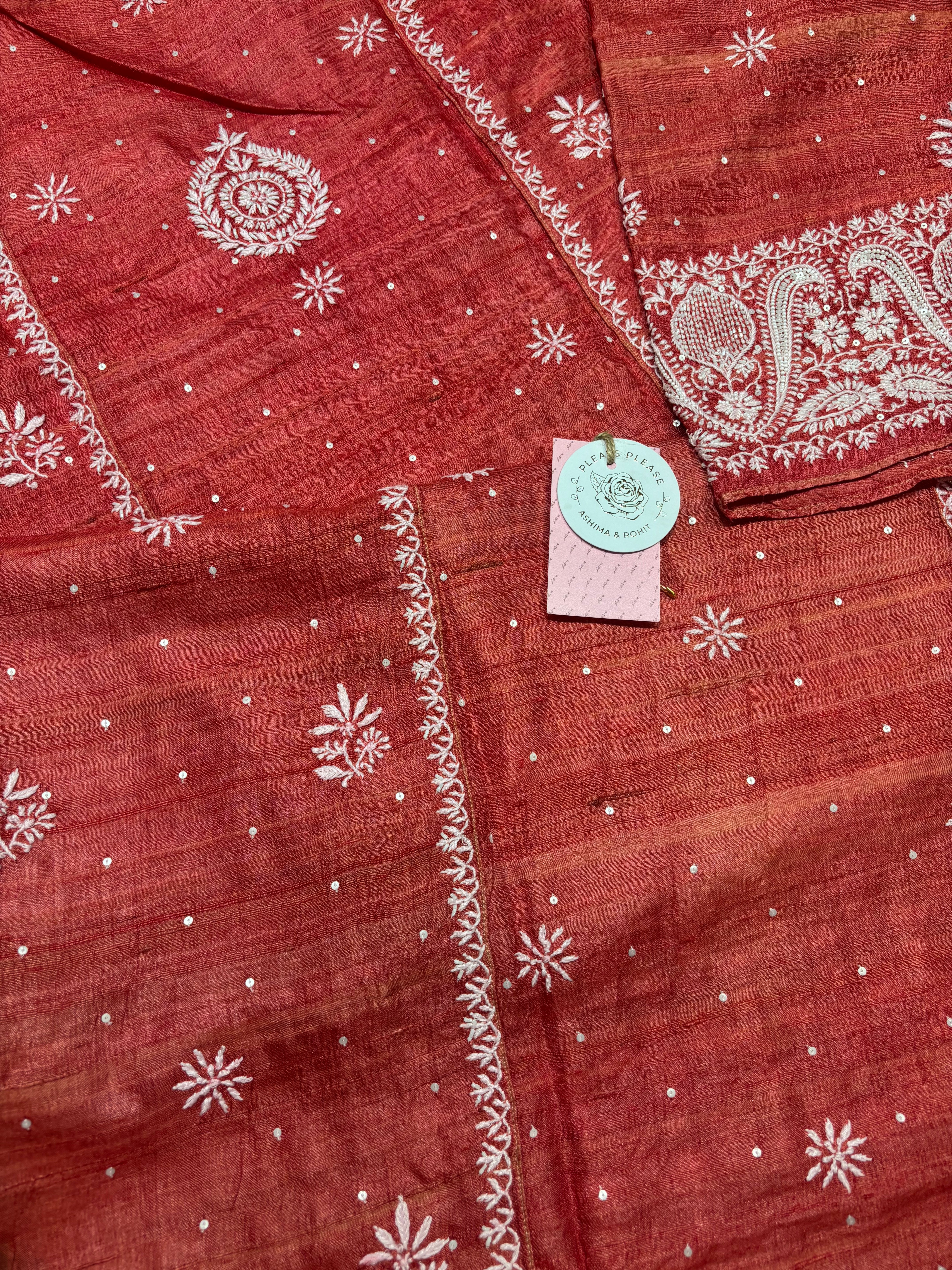 Red Pure & Premium Tussar Silk Chikankari Kurta & Dupatta Set