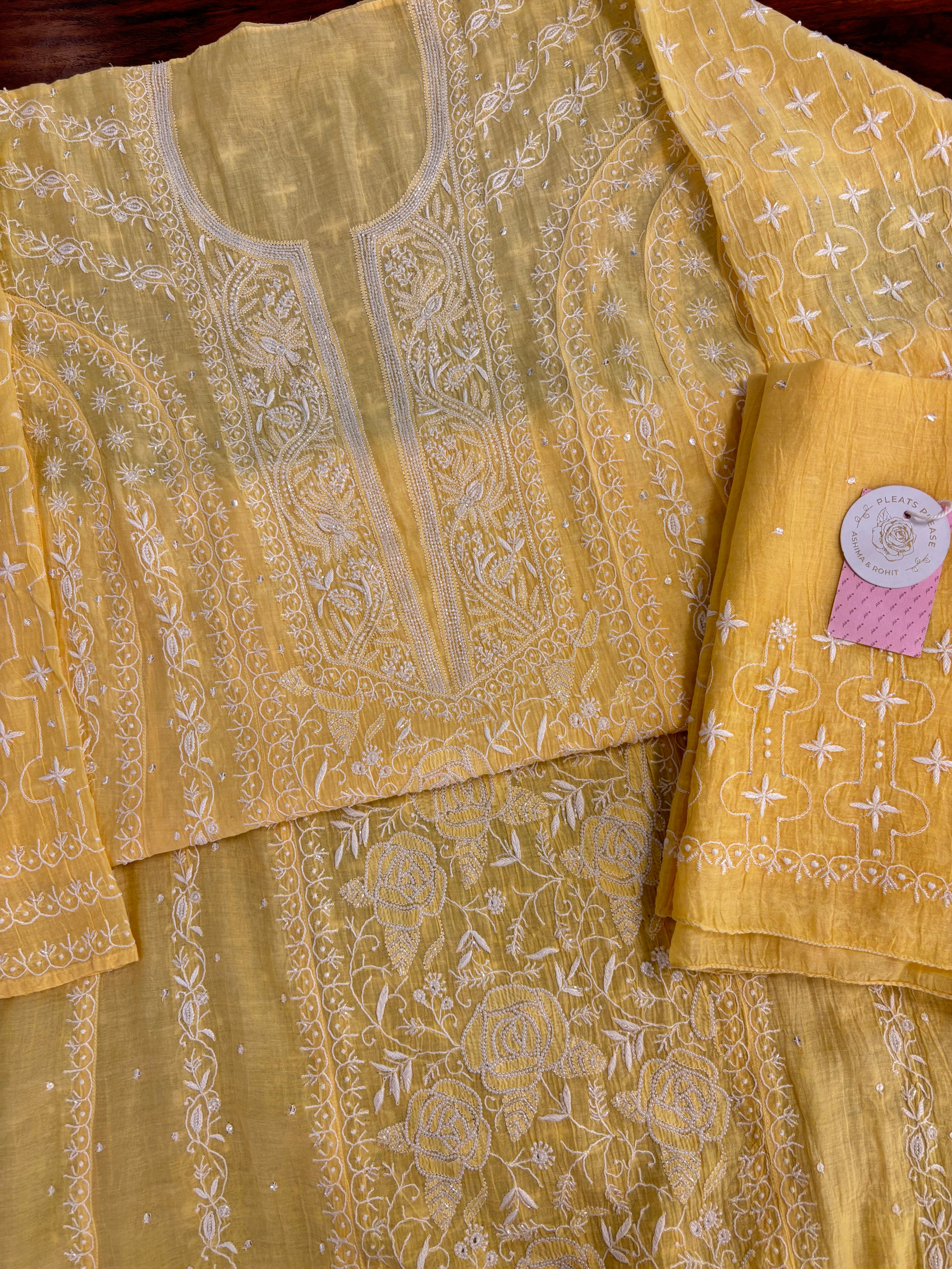 Yellow Chanderi Mul Chikankari Anarkali & Dupatta Set - Pleats PleaseChikankari