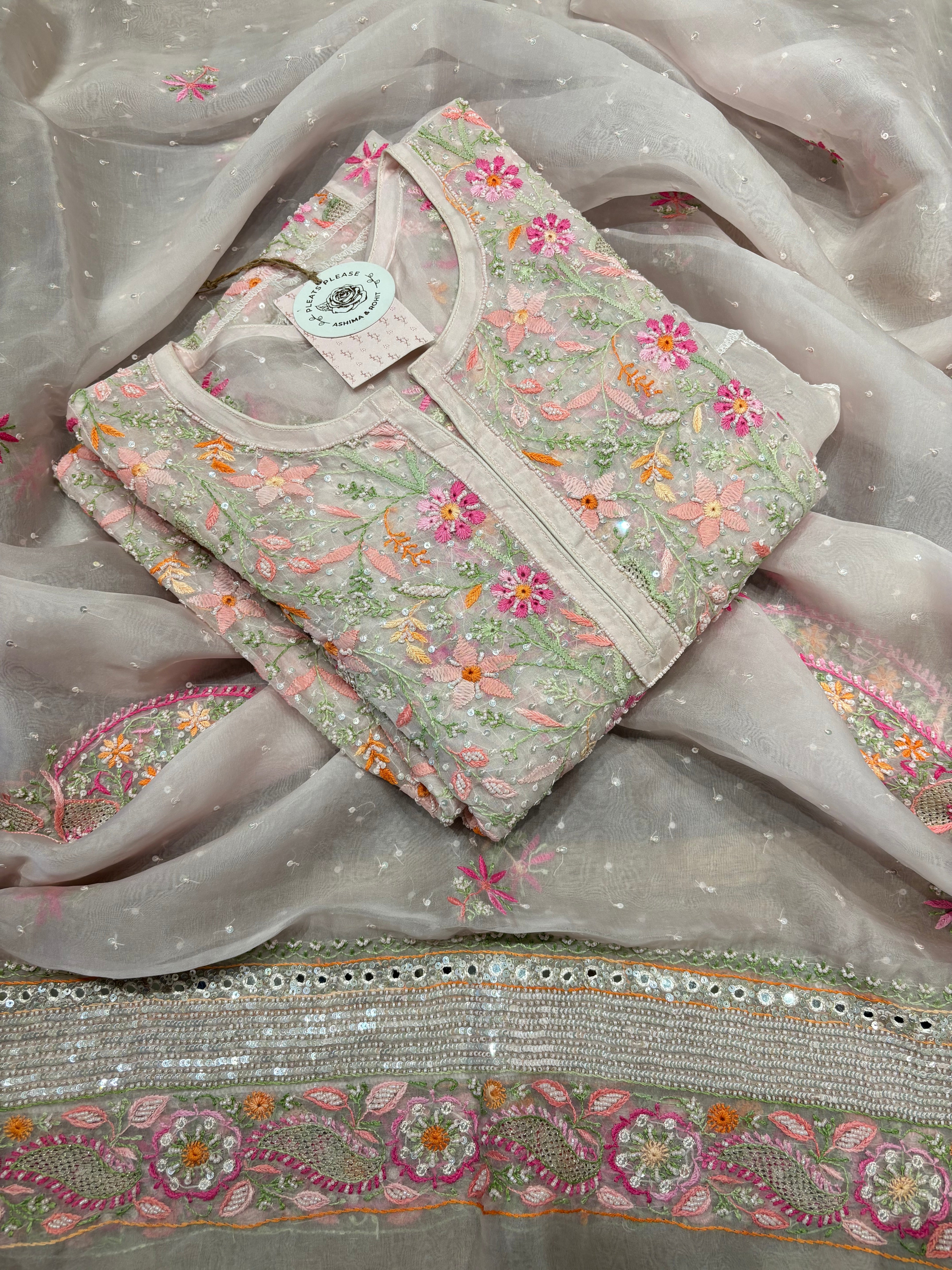 Pink Organza Chikankari Anarkali and Dupatta set