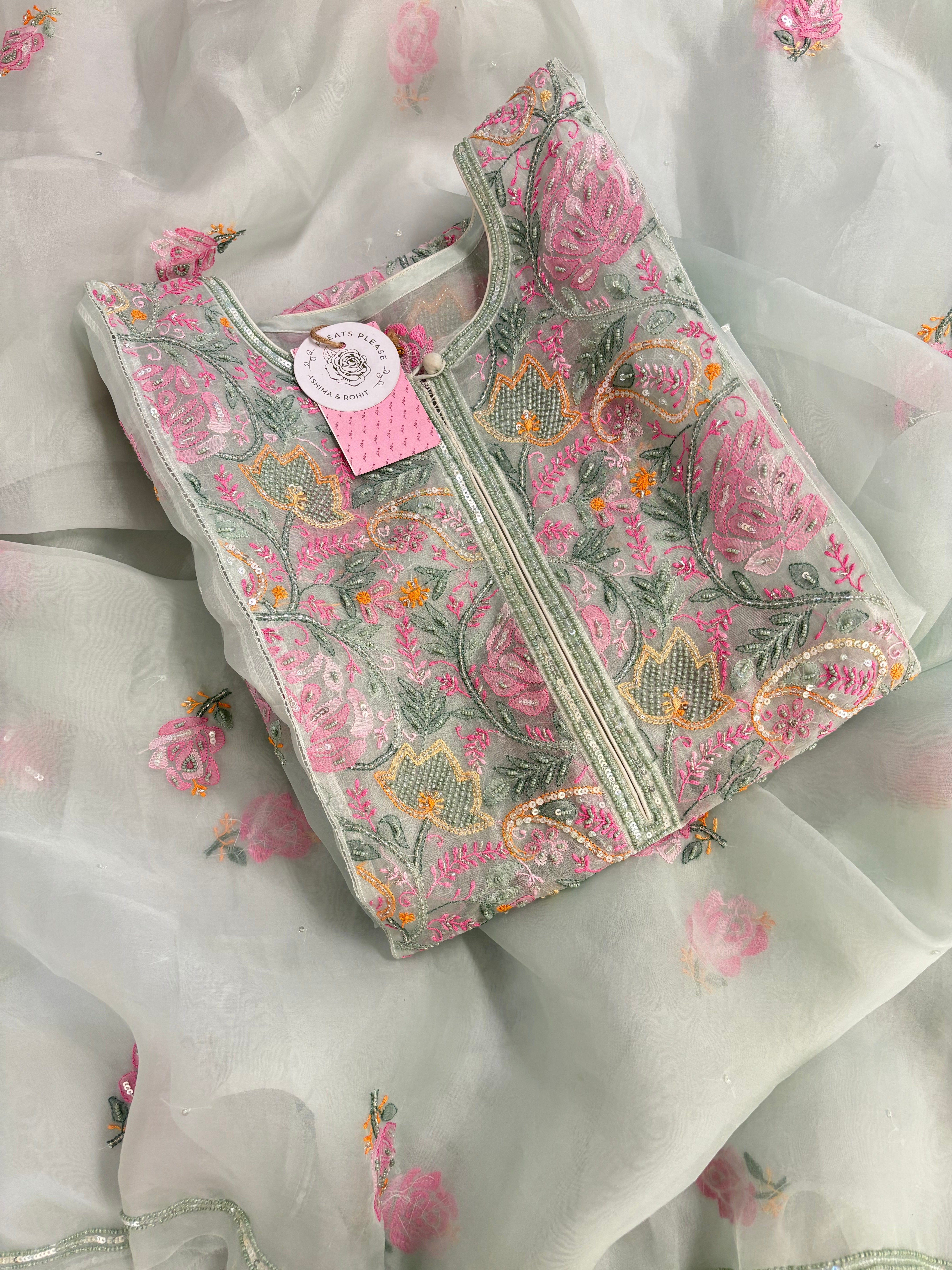 Ice Green Pure Organza Chikankari Kurta & Dupatta