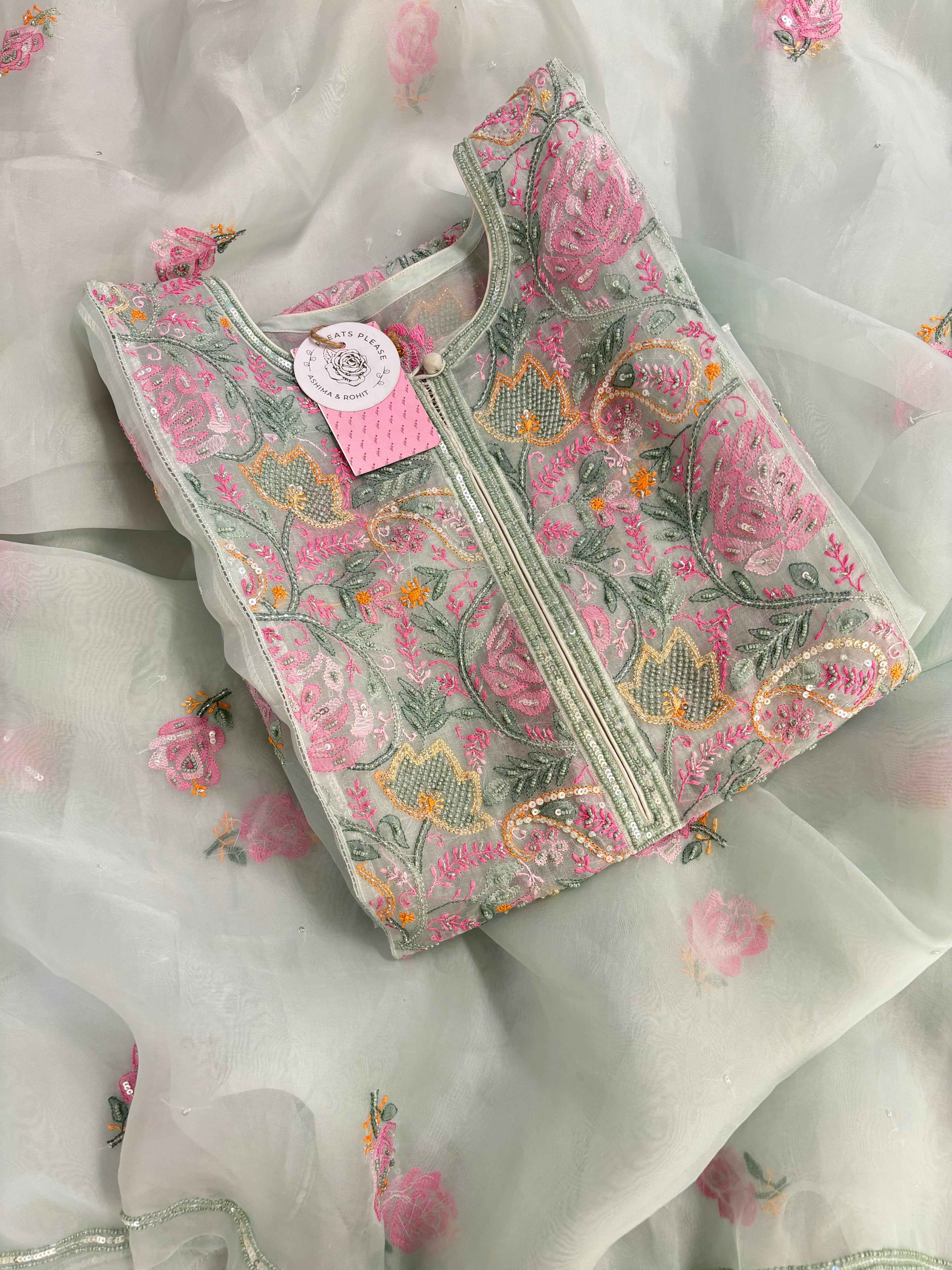 Ice Green Pure Organza Chikankari Kurta & Dupatta