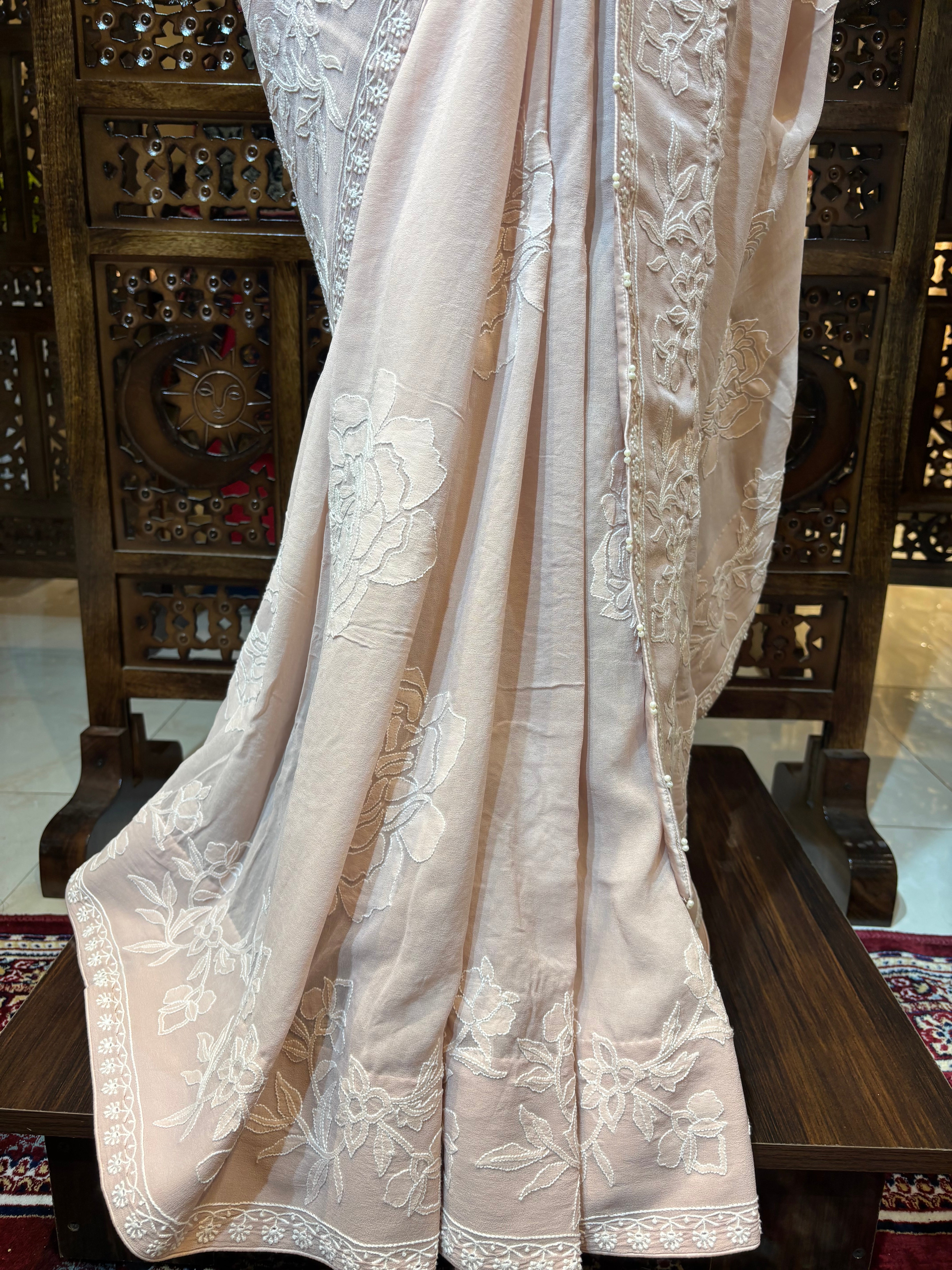 Dusty Peach Pure & Premium Georgette Chikankari Saree & Blouse - Pleats PleaseChikankari
