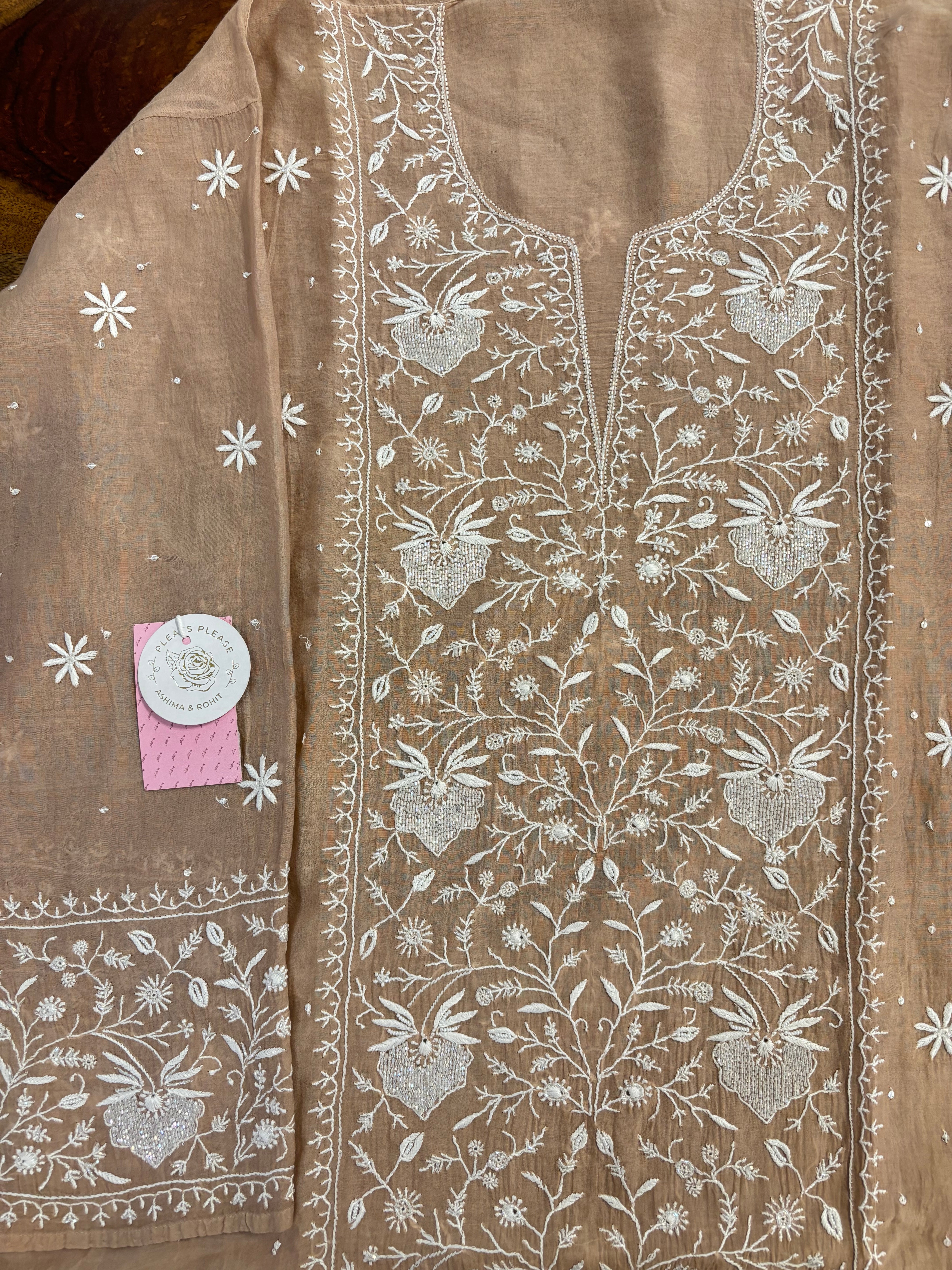 Nude Beige Chanderi Chikankari Kurta & Dupatta