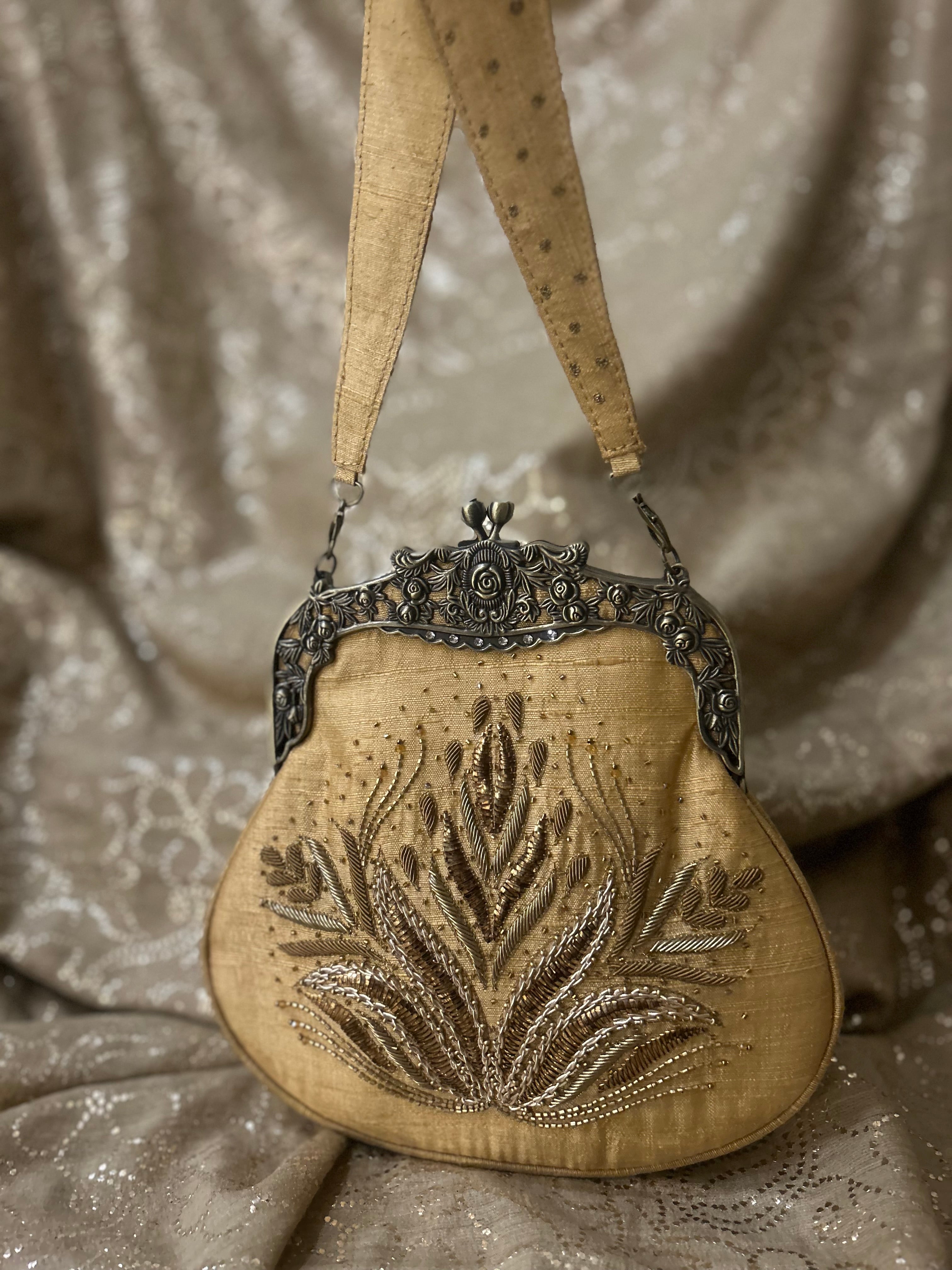 Beige Zardozi Mukaish Clutch Bag