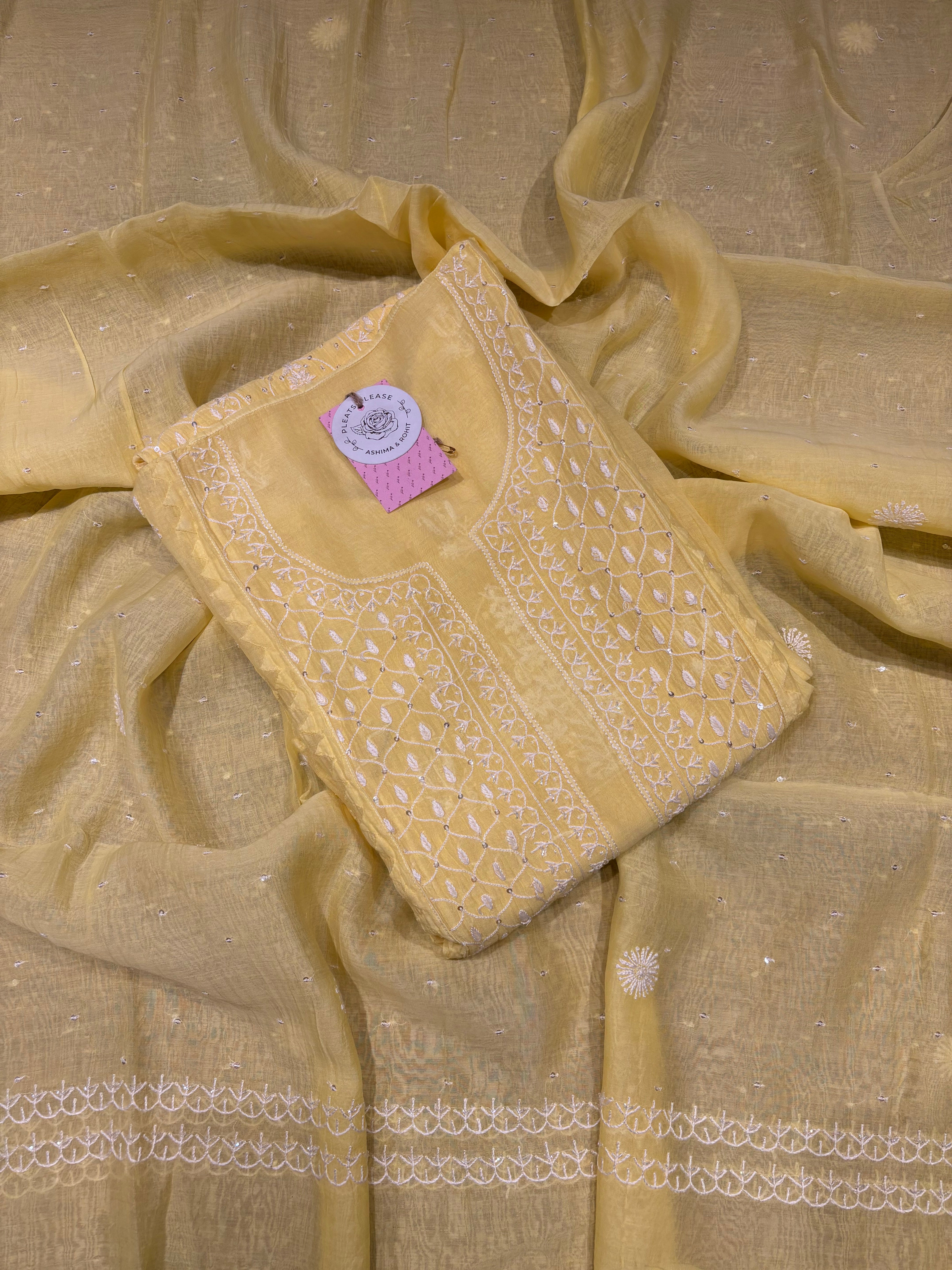 Butter Yellow Chanderi Mul Chikankari Kurta & Dupatta Set