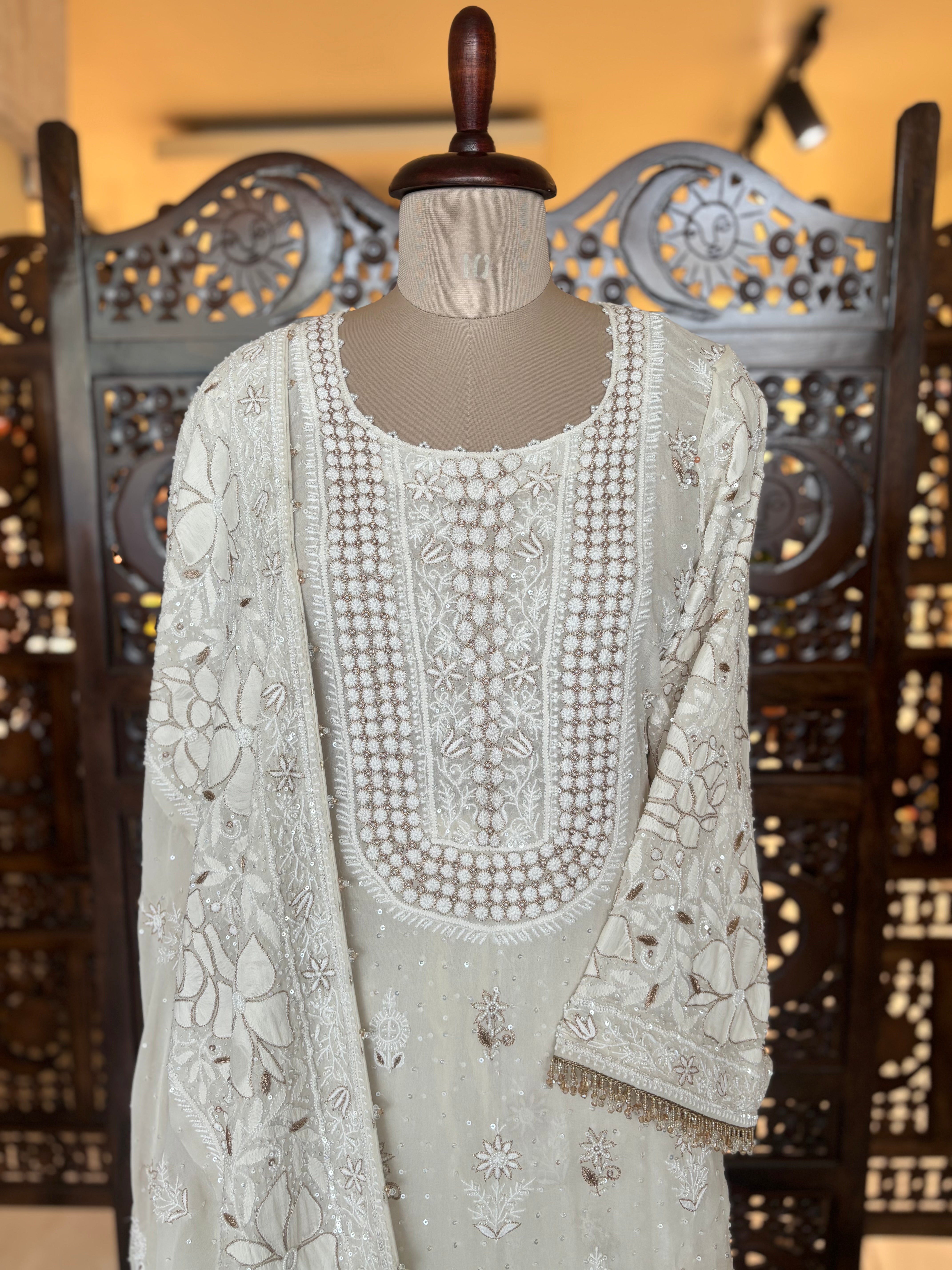 Dyeable Pure & Premium Georgette Chikankari Kurta & Dupatta With Sharara