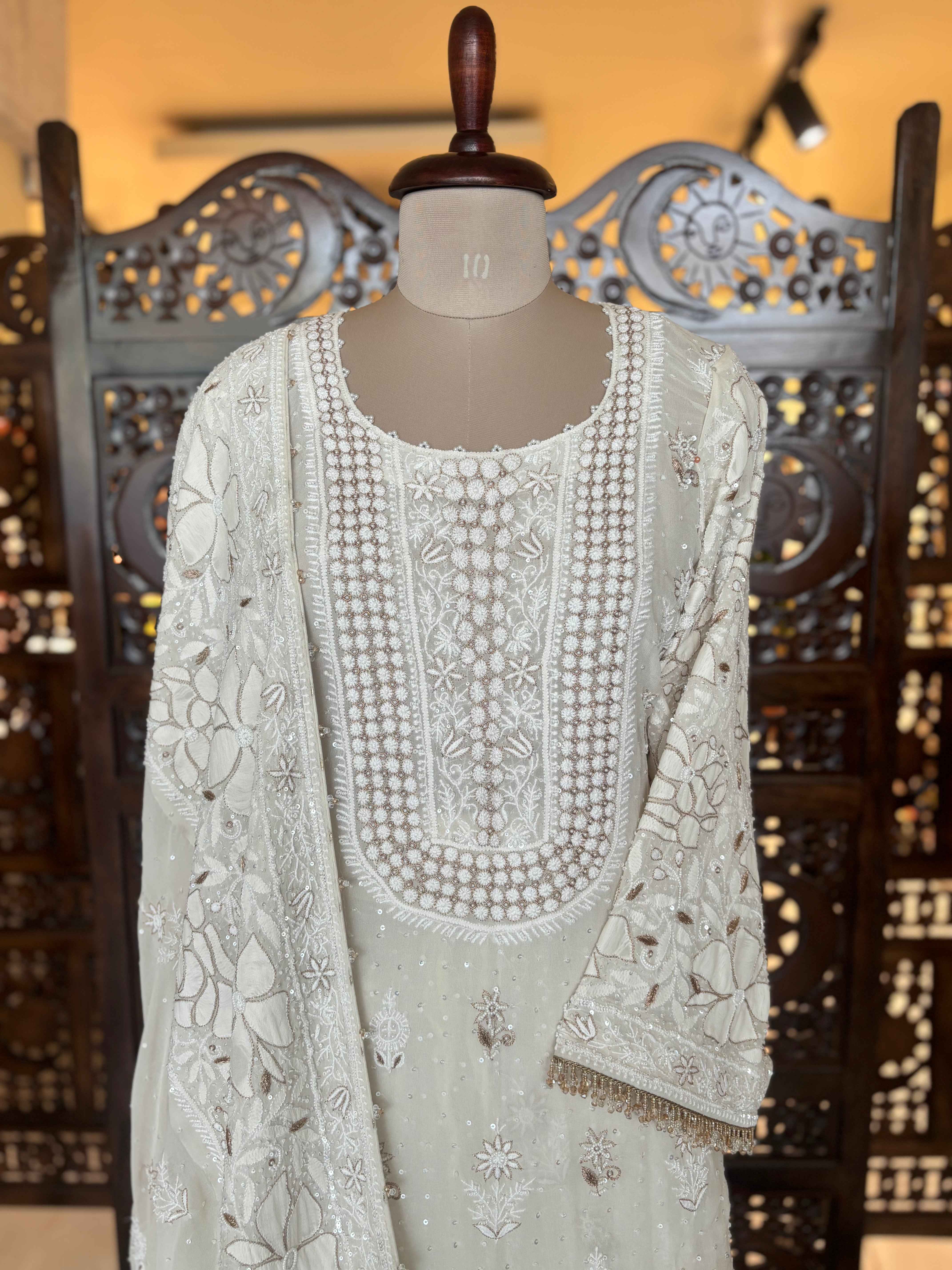 Dyeable Pure & Premium Georgette Chikankari Kurta & Dupatta With Sharara