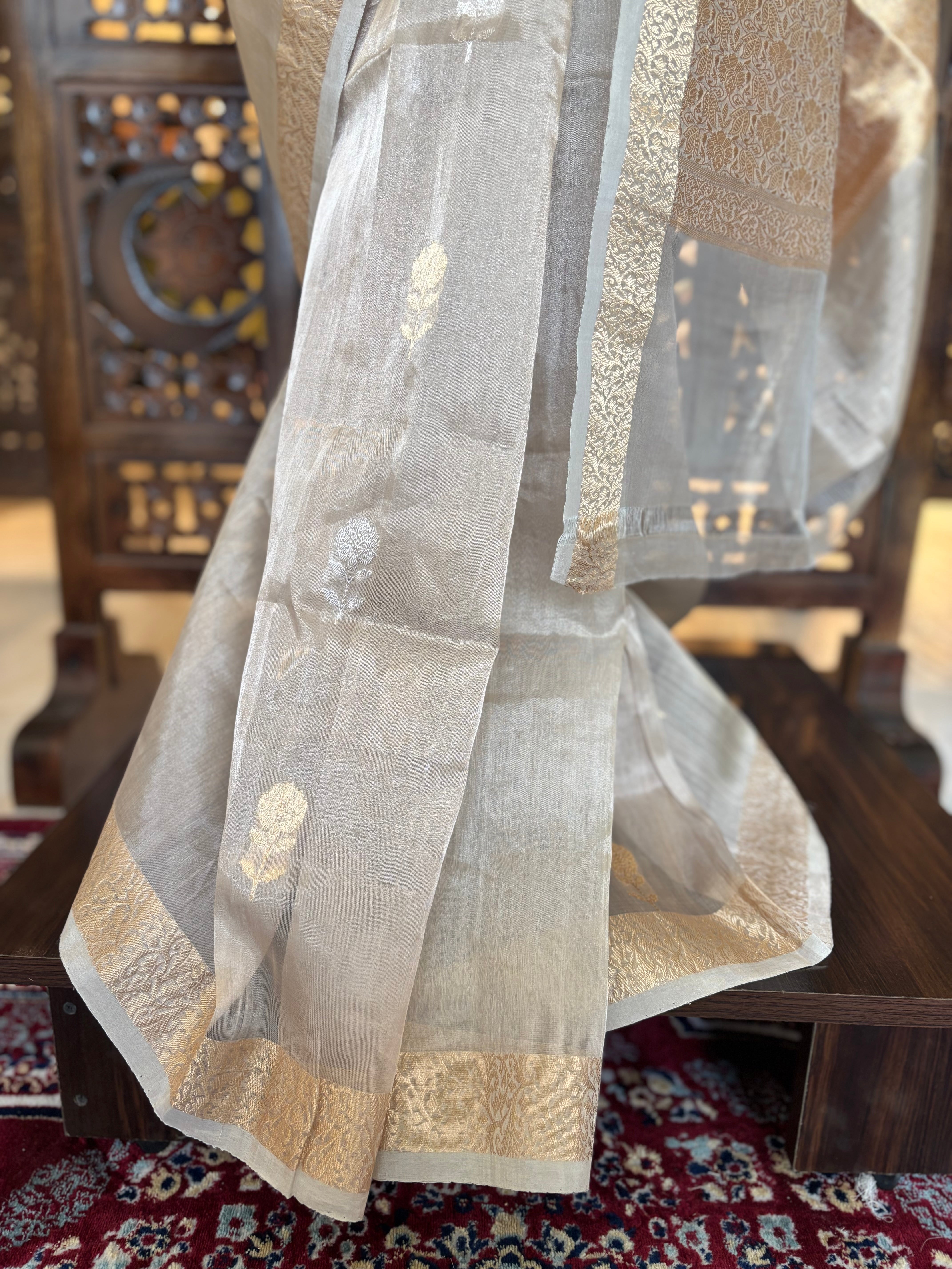 Golden Tissue Organza Banarsi Saree and Blouse - Pleats PleaseChikankari