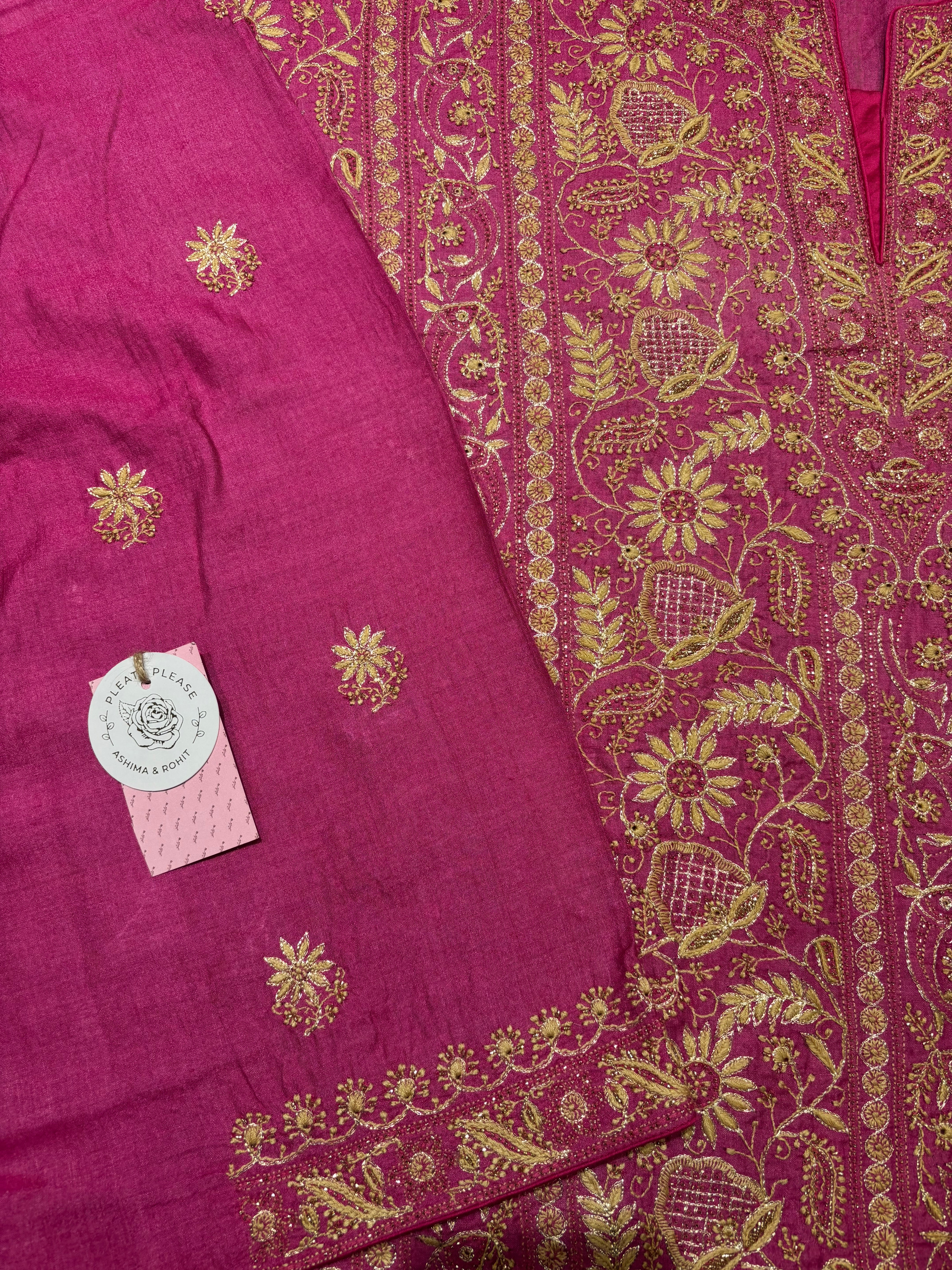 Magenta Pink Pure & Premium Monga Silk Chikankari Kurta, Dupatta & Bottom Fabric