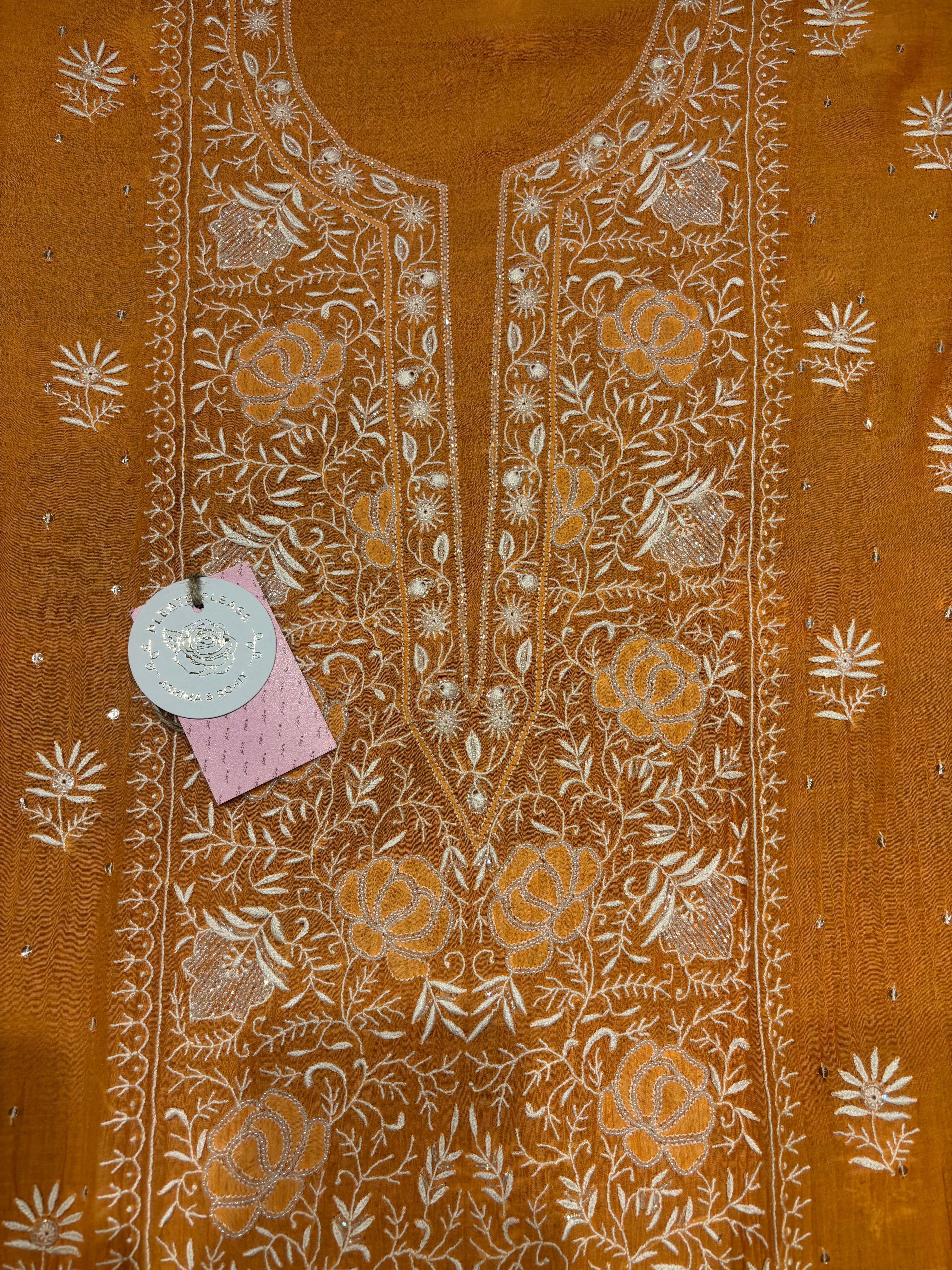 Orange Chanderi Mul Chikankari Kurta and Dupatta Set