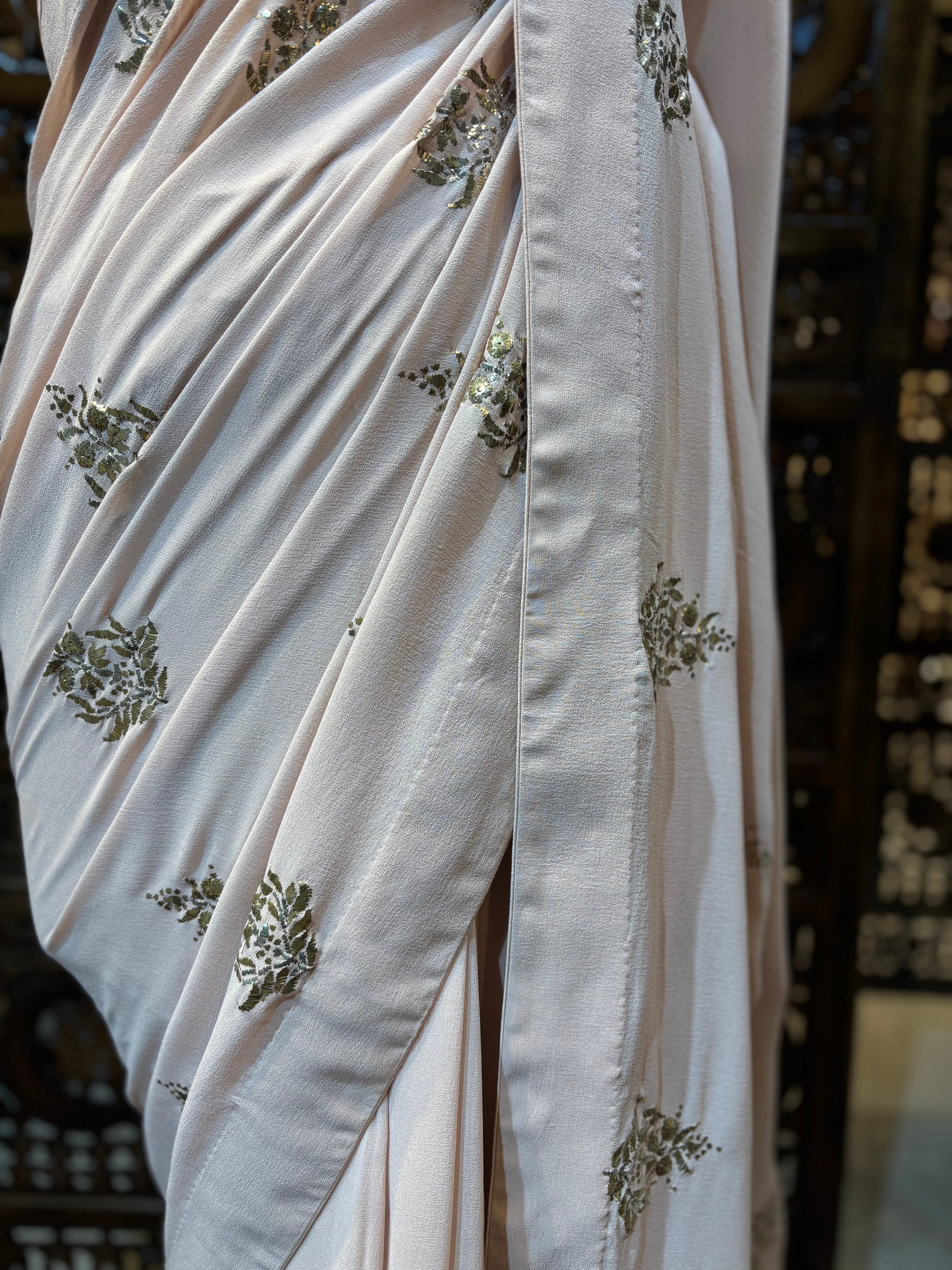 Dusty Peach Pure Georgette Badla Saree and Blouse