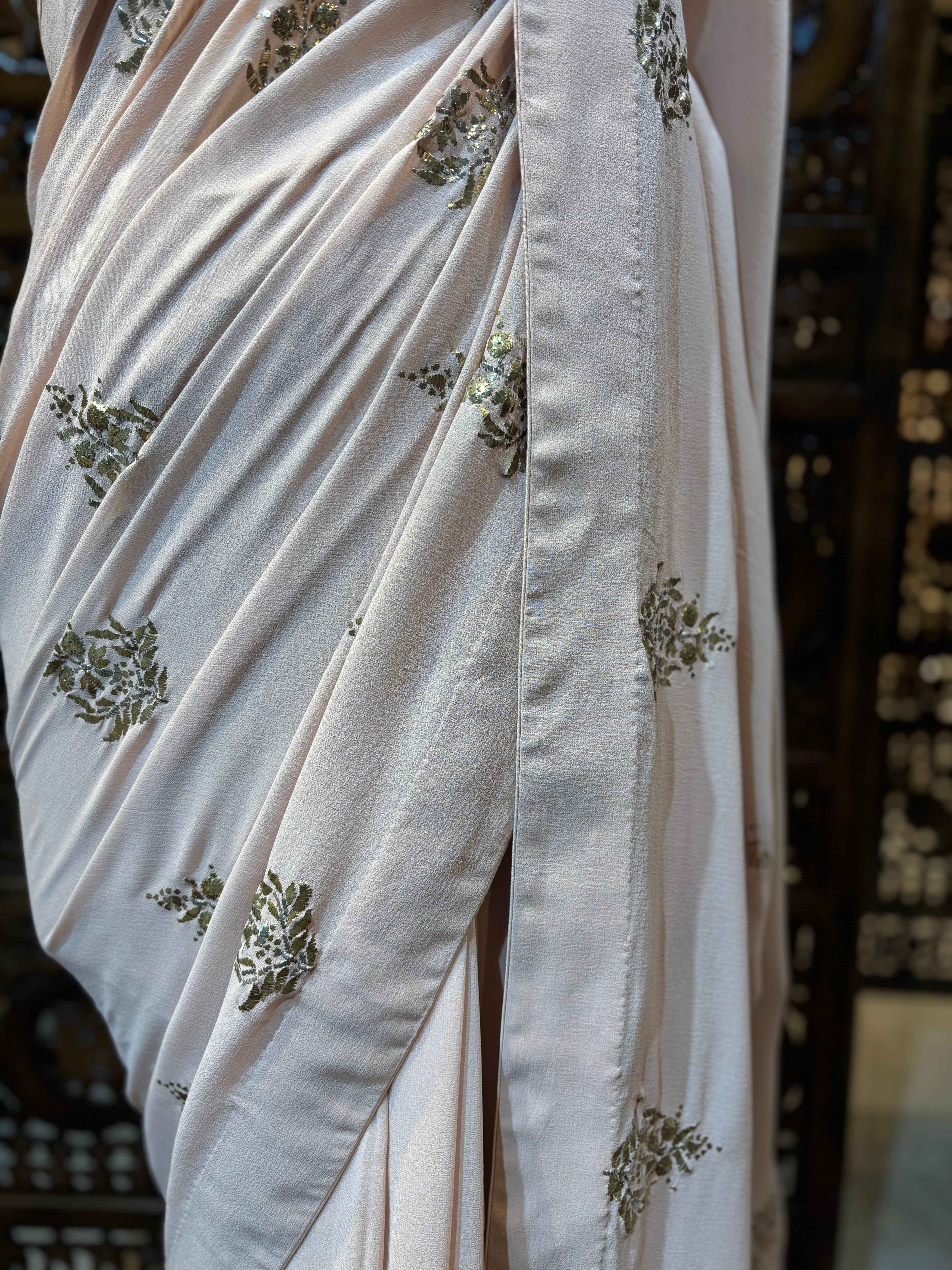 Dusty Peach Pure Georgette Badla Saree and Blouse - Pleats PleaseChikankari
