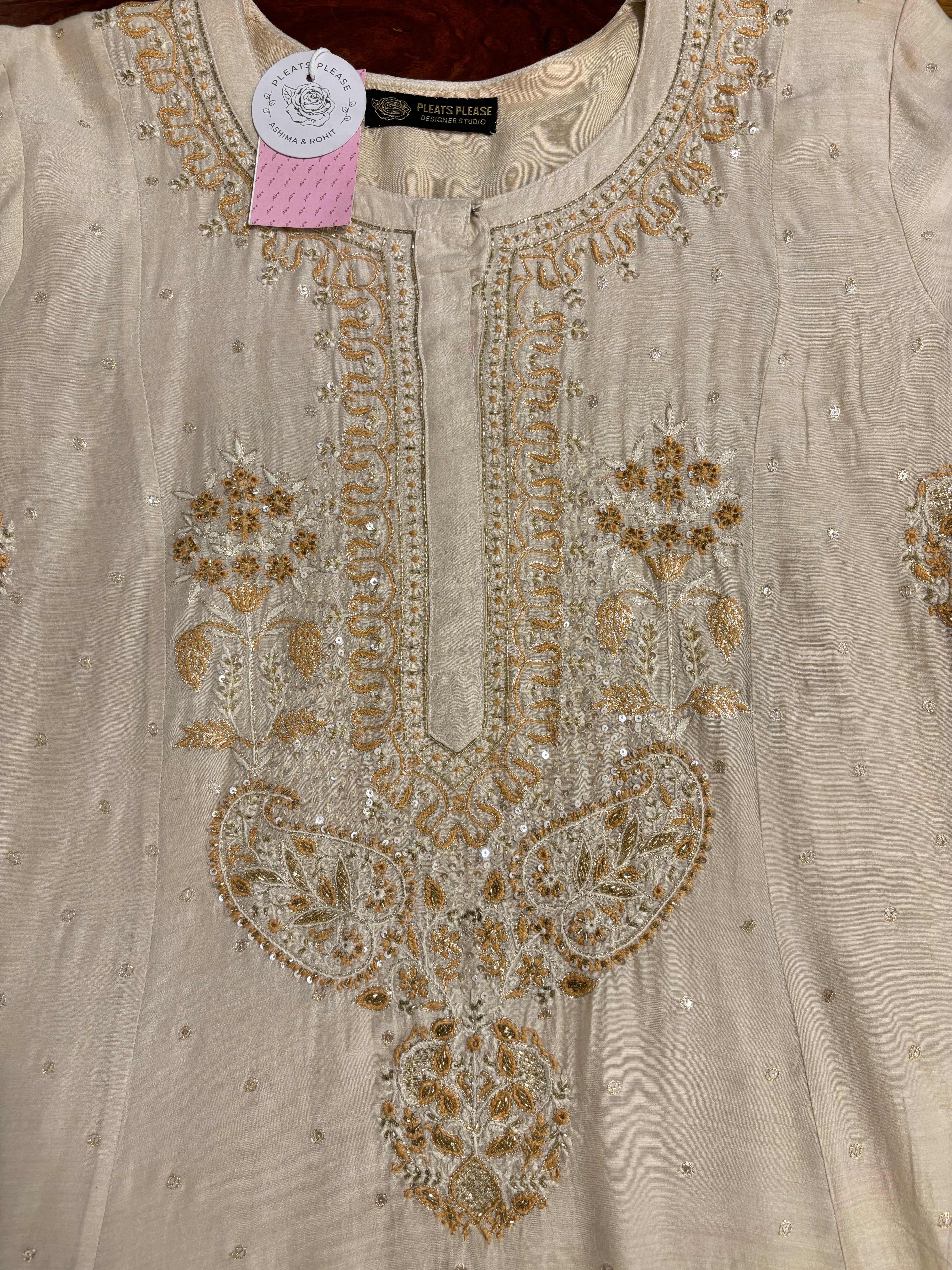 Dyeable Monga Silk A-Line Chikankari Kurta & Dupatta With Bottom