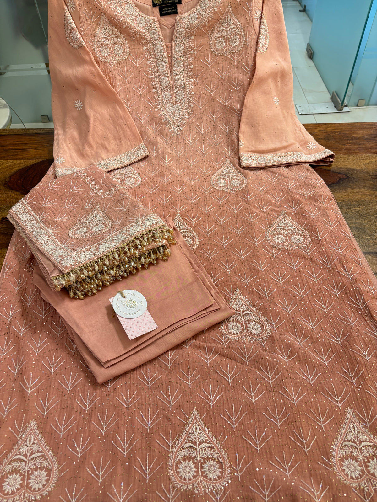 Peach Ombré Chanderi Mul Chikankari Mukaish Kurta, Dupatta & Bottom