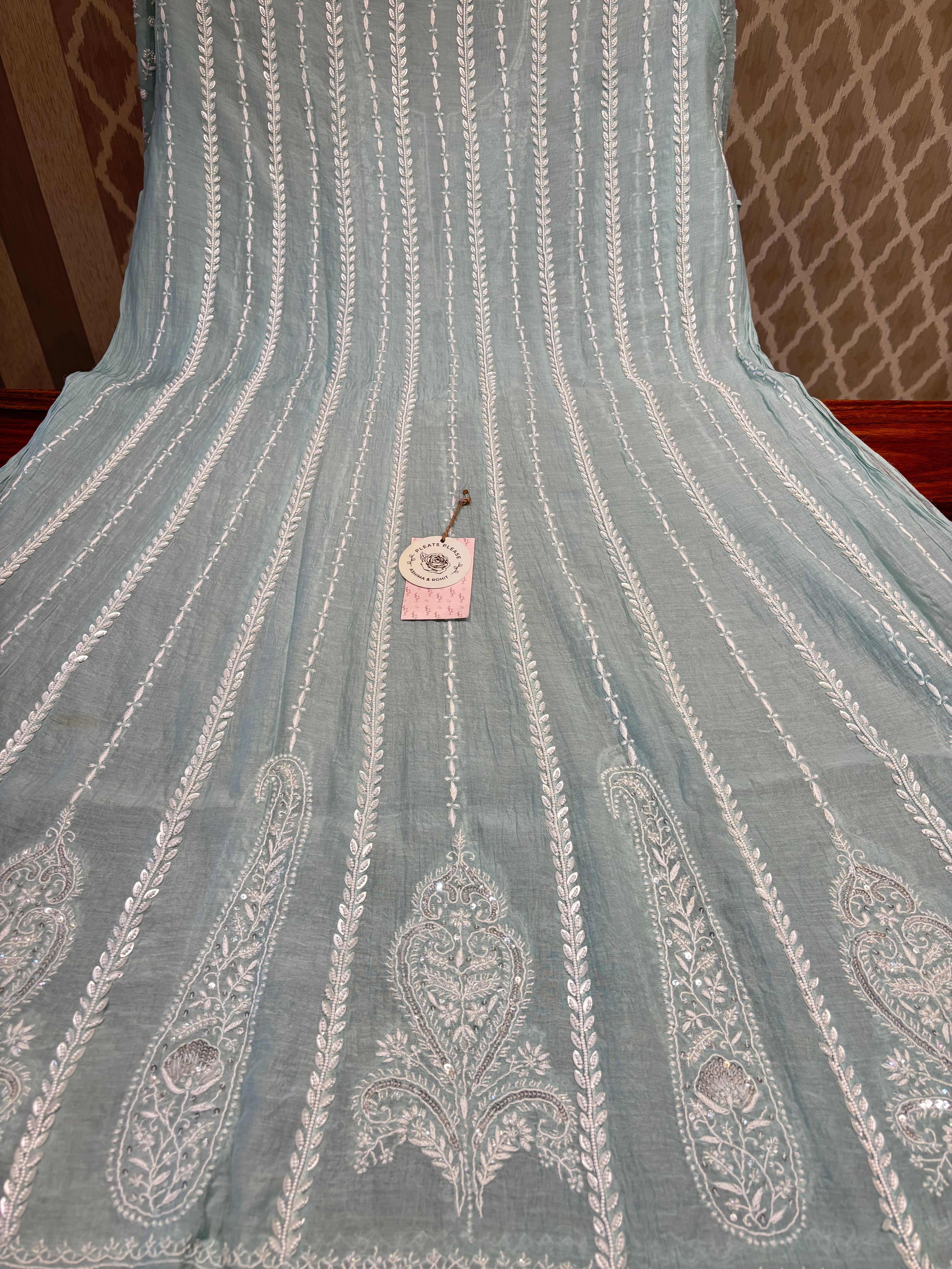 Teal Green Chanderi Mul Chikankari Anarkali Kurta and Dupatta