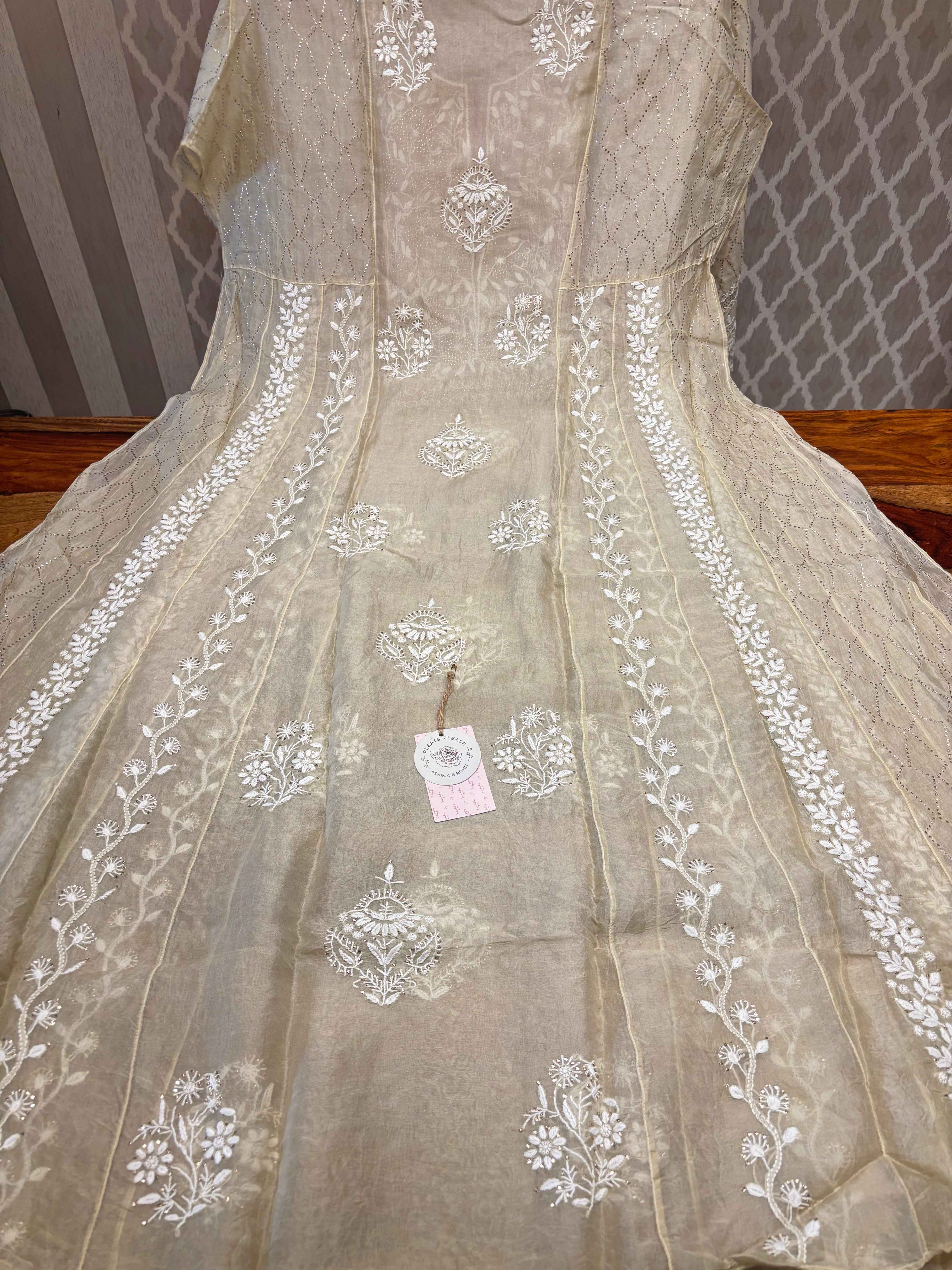 Golden Organza chikankari Anarkali and dupatta - Pleats PleaseChikankari