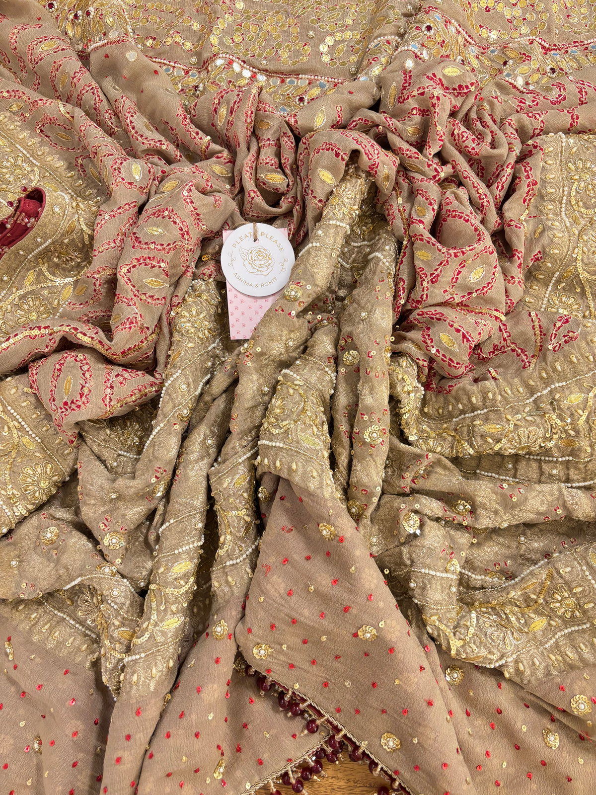 Muddy Gold Pure Georgette Bandhej Centre Boota Zardozi Dupatta